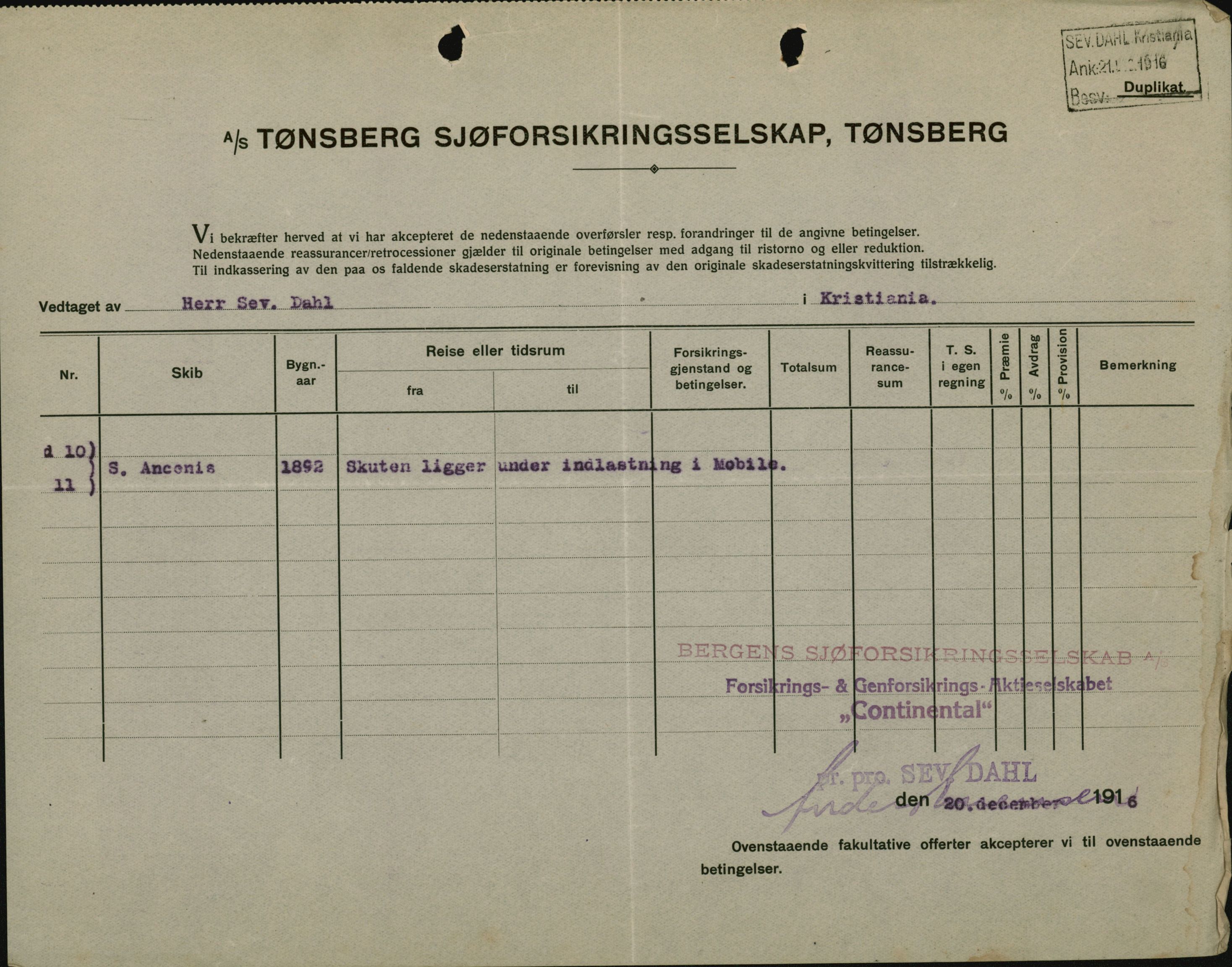 Pa 664 - Tønsberg Sjøforsikringsselskap, VEMU/A-1773/F/L0001: Forsikringspoliser, 1915-1918