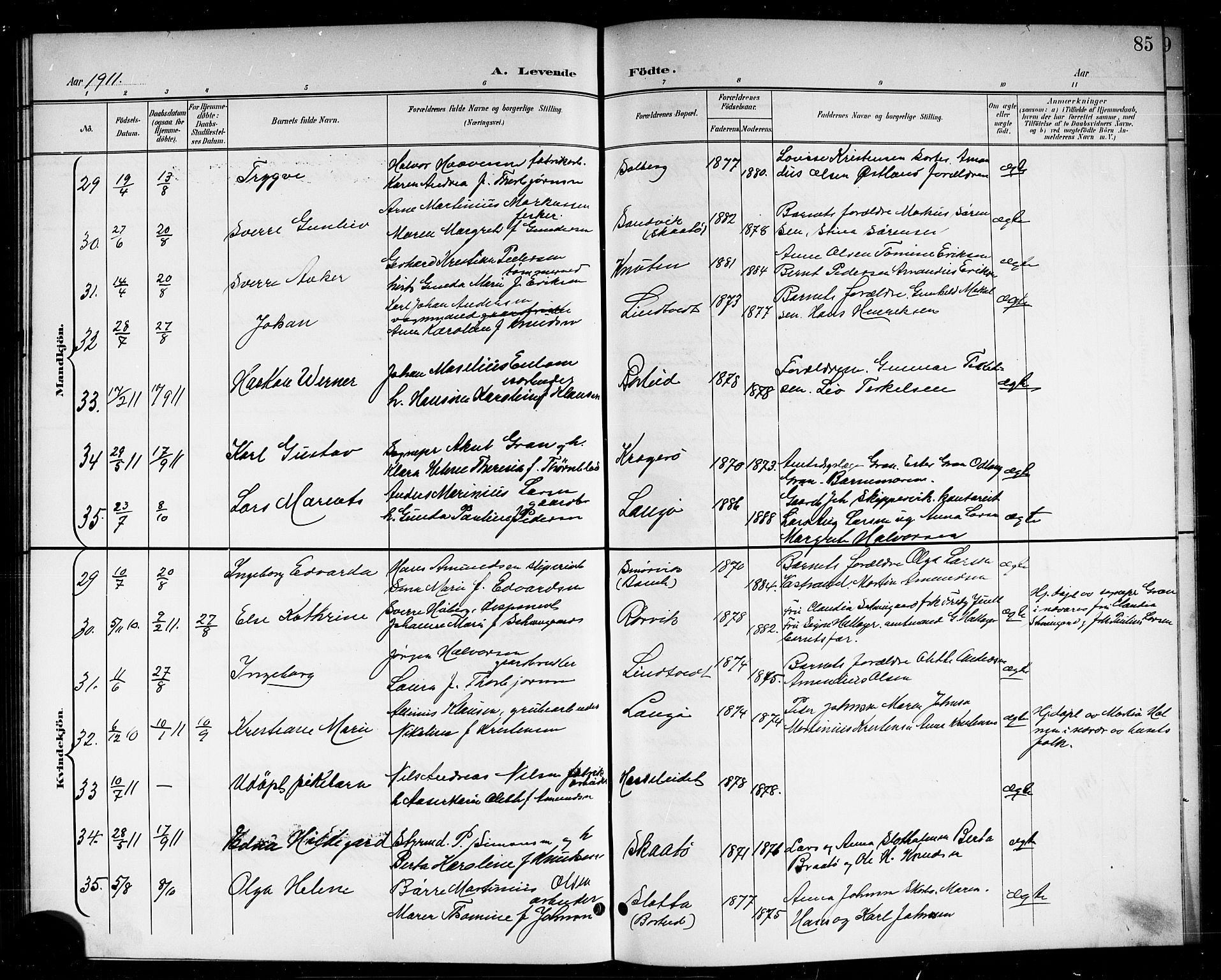 Skåtøy kirkebøker, AV/SAKO-A-304/G/Ga/L0004: Klokkerbok nr. I 4, 1898-1916, s. 85