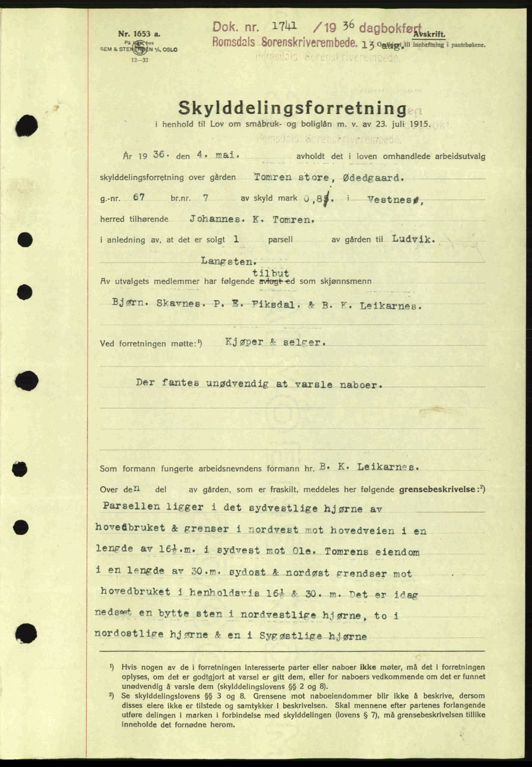 Romsdal sorenskriveri, SAT/A-4149/1/2/2C: Pantebok nr. A1, 1936-1936, Dagboknr: 1741/1936