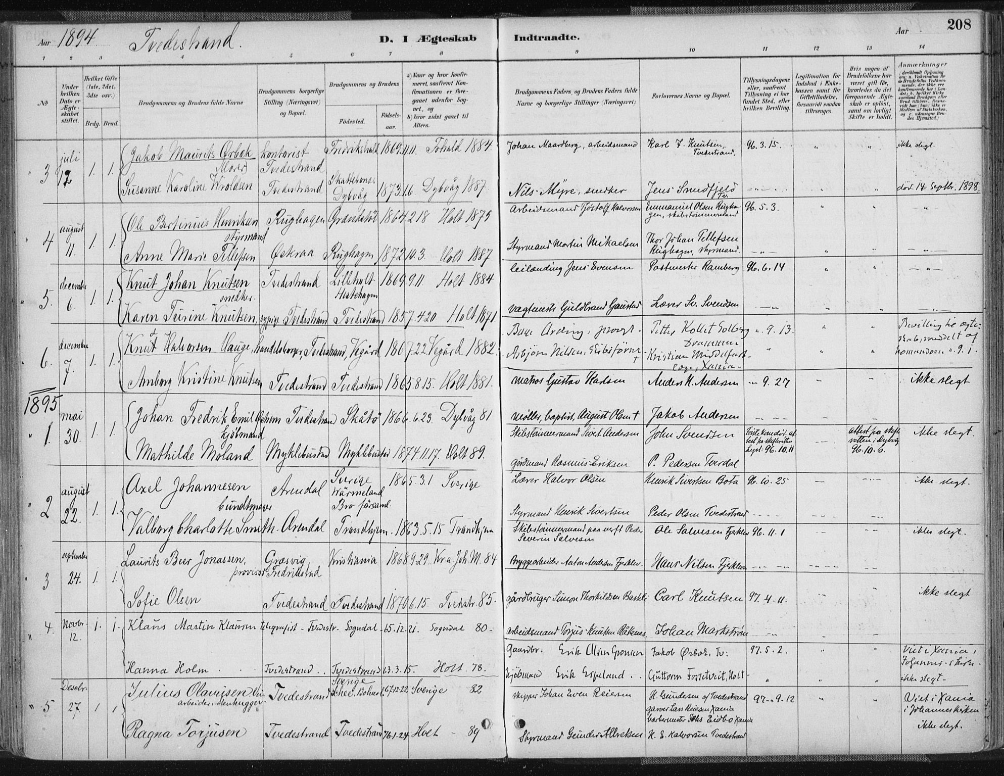 Tvedestrand sokneprestkontor, AV/SAK-1111-0042/F/Fa/L0001: Ministerialbok nr. A 1, 1885-1916, s. 207v-208h