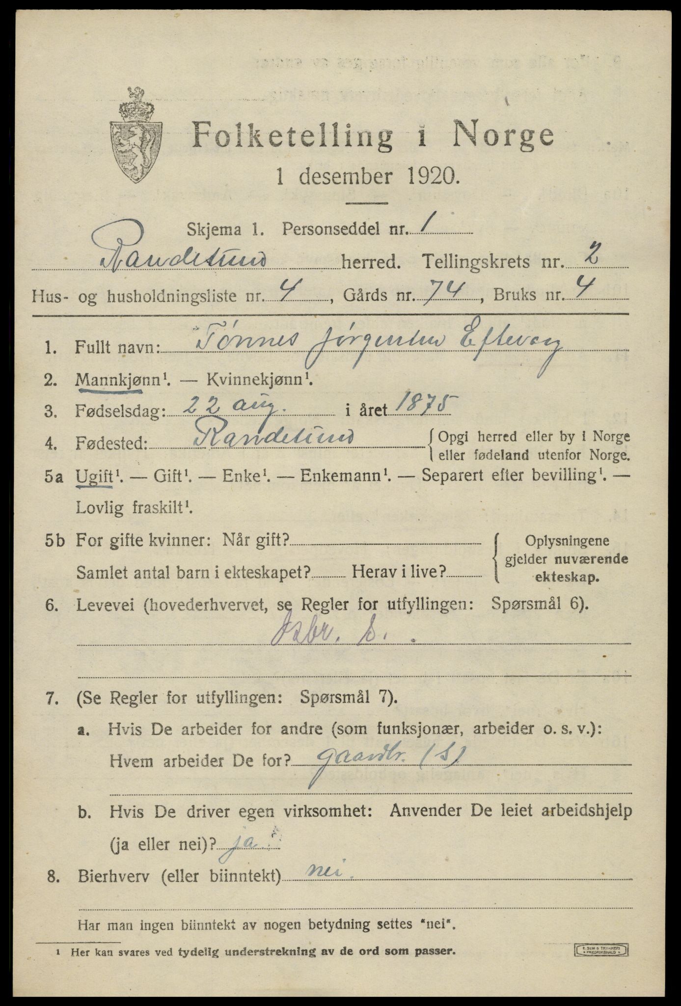 SAK, Folketelling 1920 for 1011 Randesund herred, 1920, s. 1116