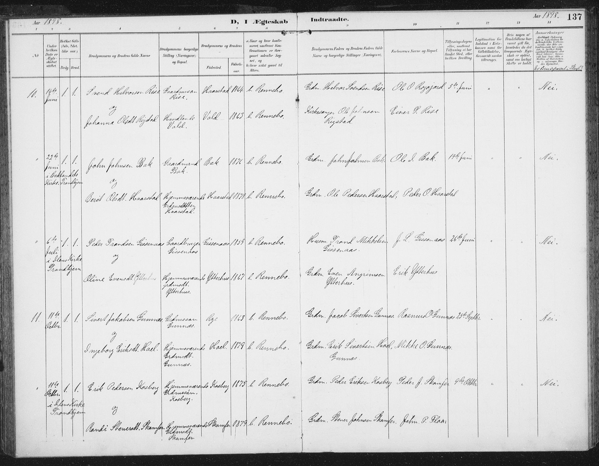 Ministerialprotokoller, klokkerbøker og fødselsregistre - Sør-Trøndelag, SAT/A-1456/674/L0872: Ministerialbok nr. 674A04, 1897-1907, s. 137