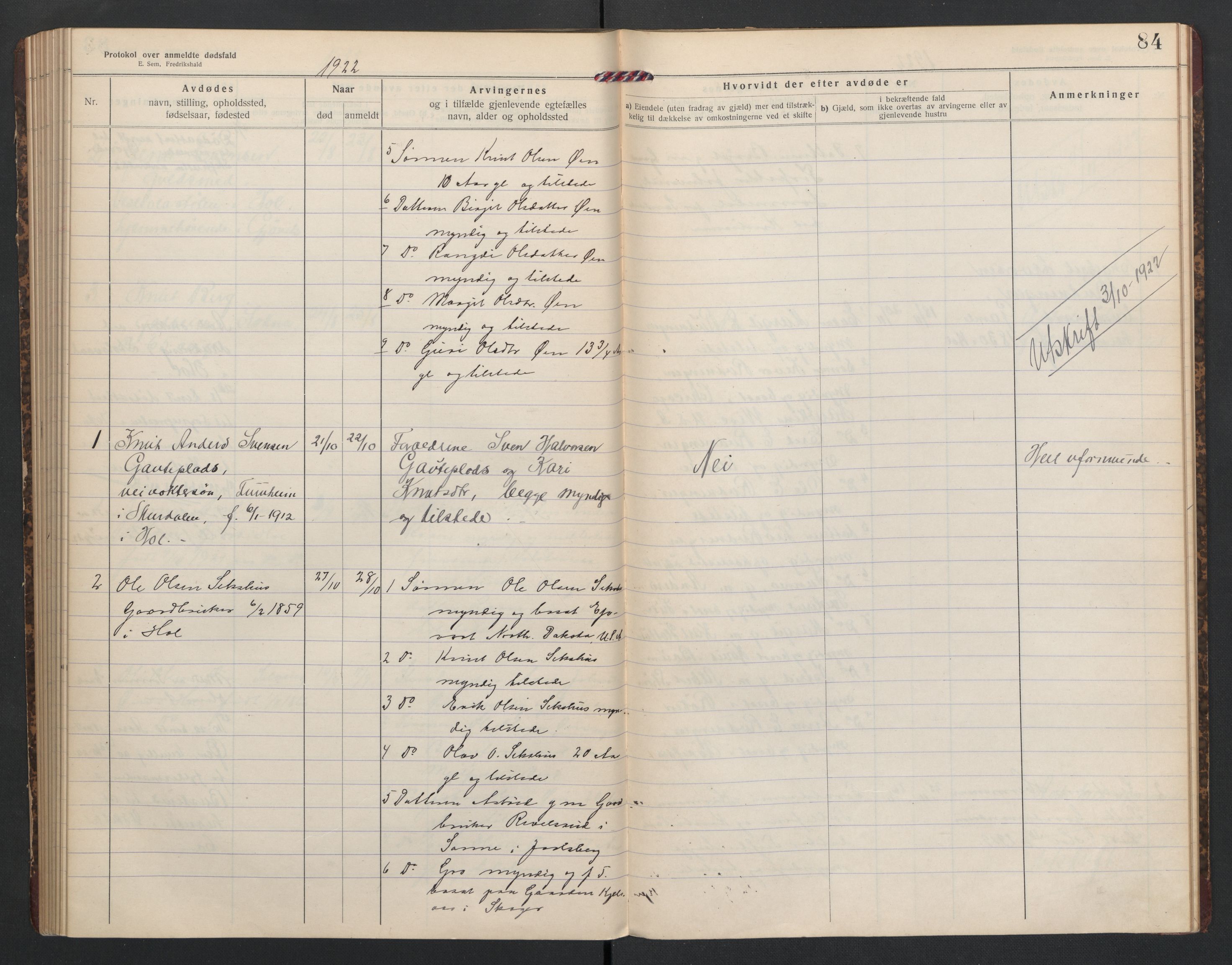 Hol lensmannskontor, SAKO/A-512/H/Ha/L0005: Dødsanmeldelsesprotokoll, 1917-1924, s. 84