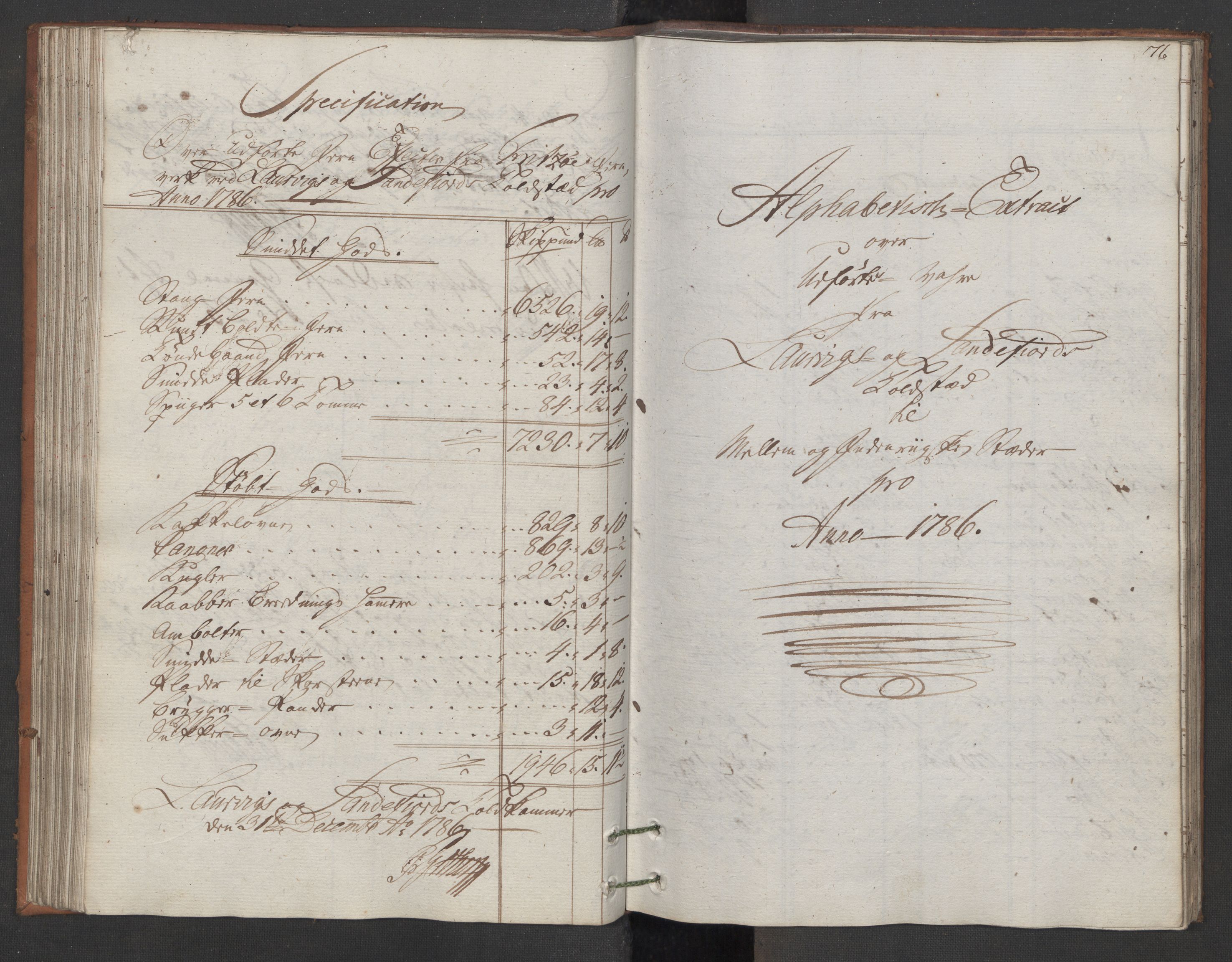 Generaltollkammeret, tollregnskaper, AV/RA-EA-5490/R11/L0087/0001: Tollregnskaper Larvik og Sandefjord / Utgående hovedtollbok, 1786, s. 75b-76a