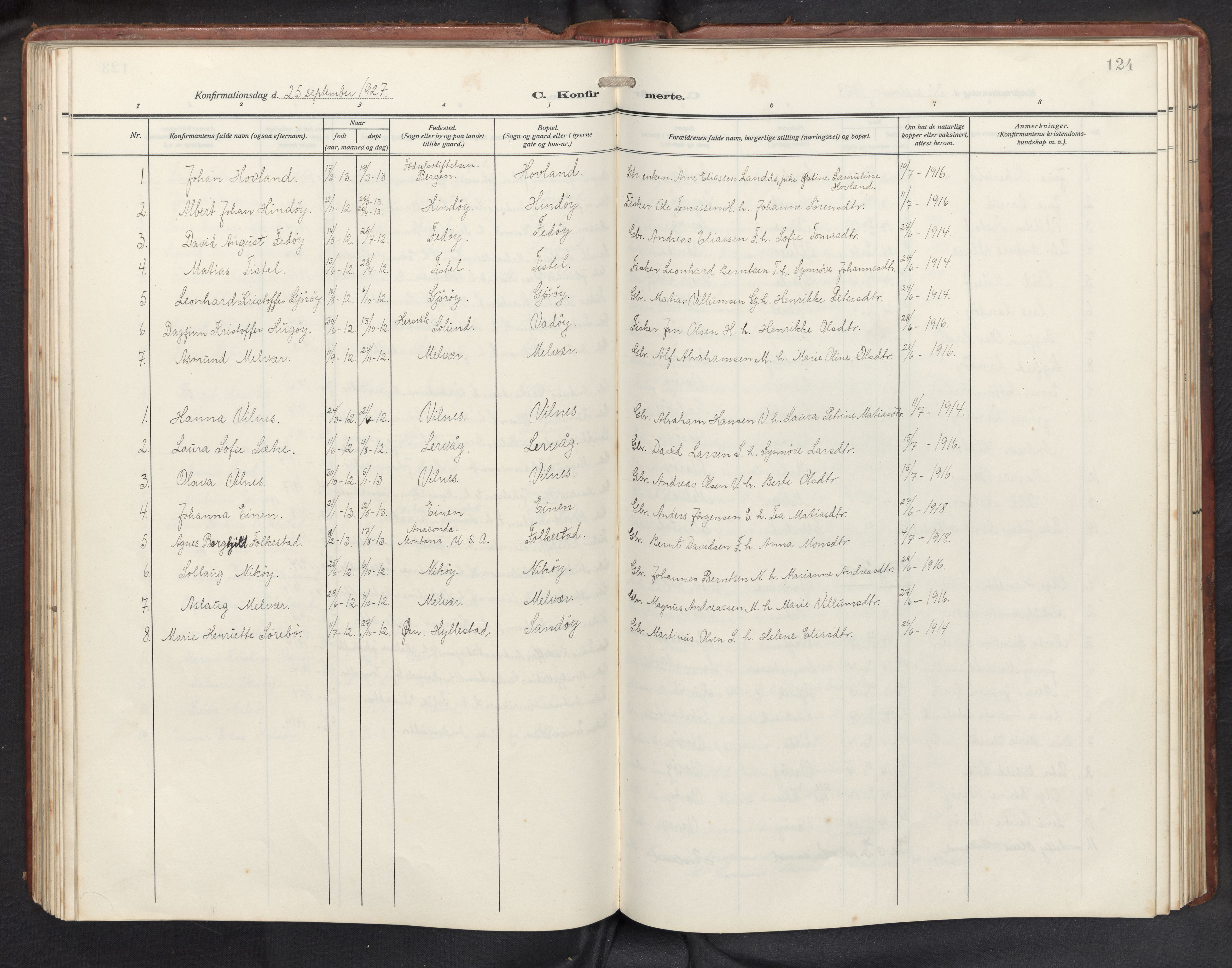 Askvoll sokneprestembete, AV/SAB-A-79501/H/Hab/Habb/L0002: Klokkerbok nr. B 2, 1910-1947, s. 123b-124a