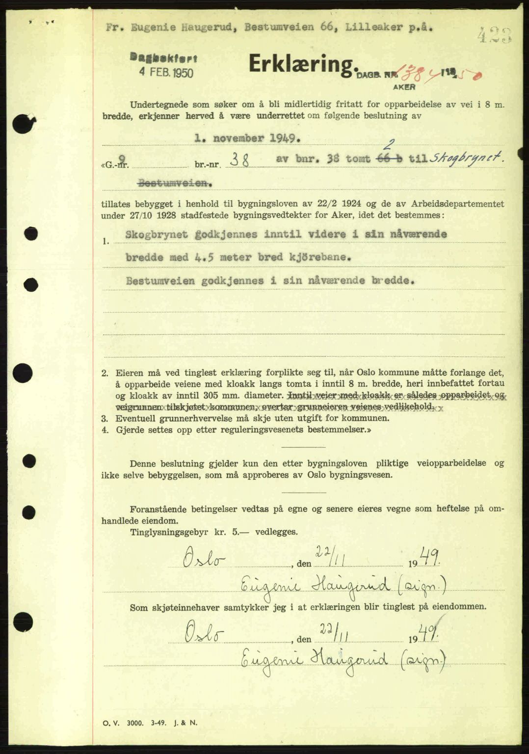 Oslo byskriverembete, AV/SAO-A-10227/G/Gb/Gbd/Gbda/L0017: Pantebok nr. A215, 1949-1950, Dagboknr: 1384/1950