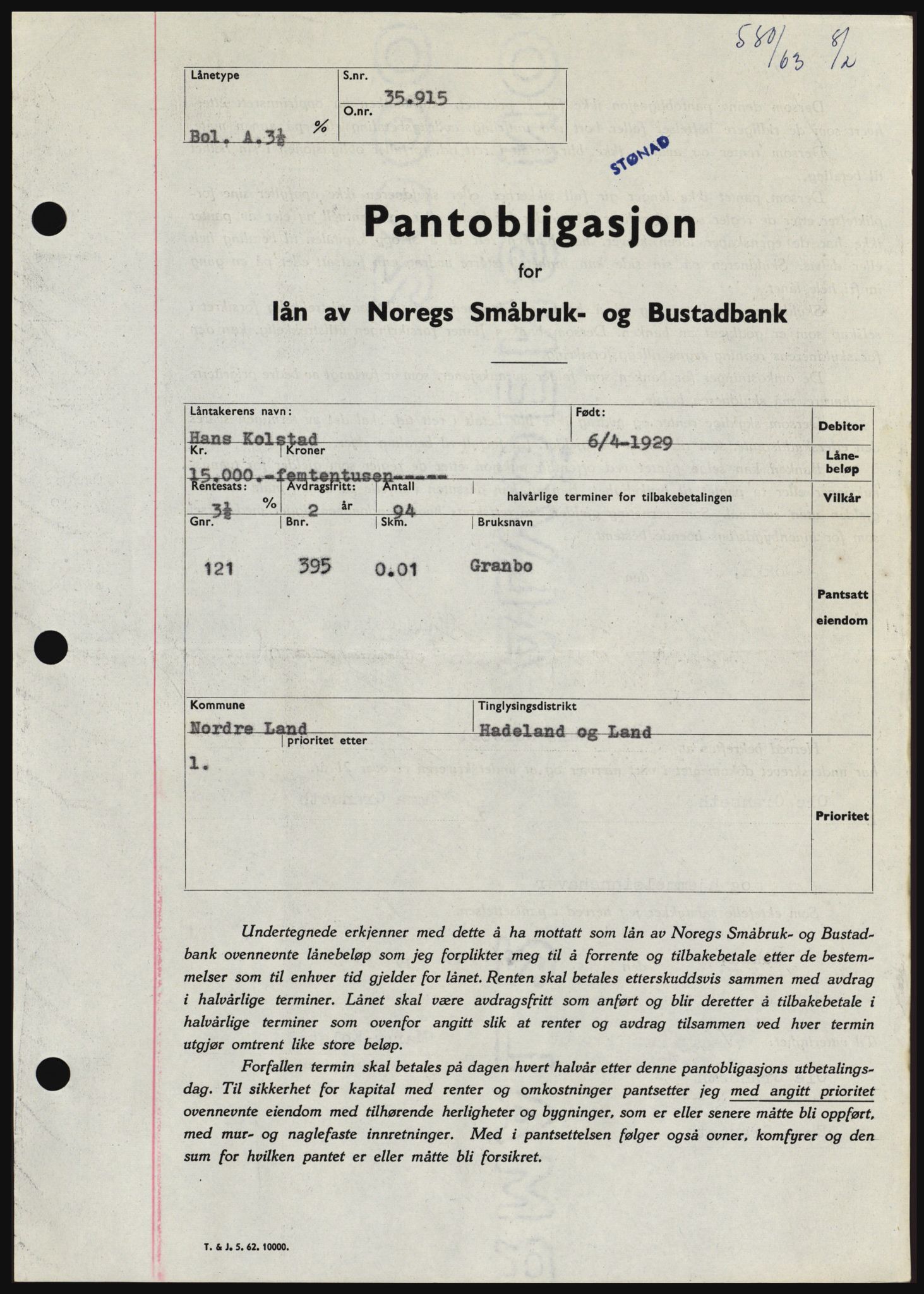 Hadeland og Land tingrett, SAH/TING-010/H/Hb/Hbc/L0050: Pantebok nr. B50, 1962-1963, Dagboknr: 580/1963