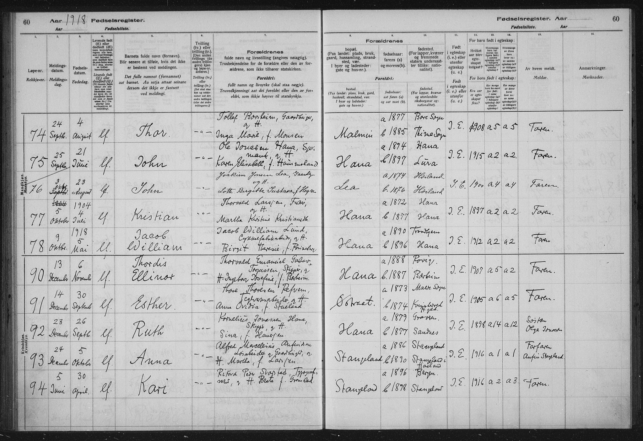 Høyland sokneprestkontor, AV/SAST-A-101799/002/O/L0001: Fødselsregister nr. 1, 1916-1924, s. 60