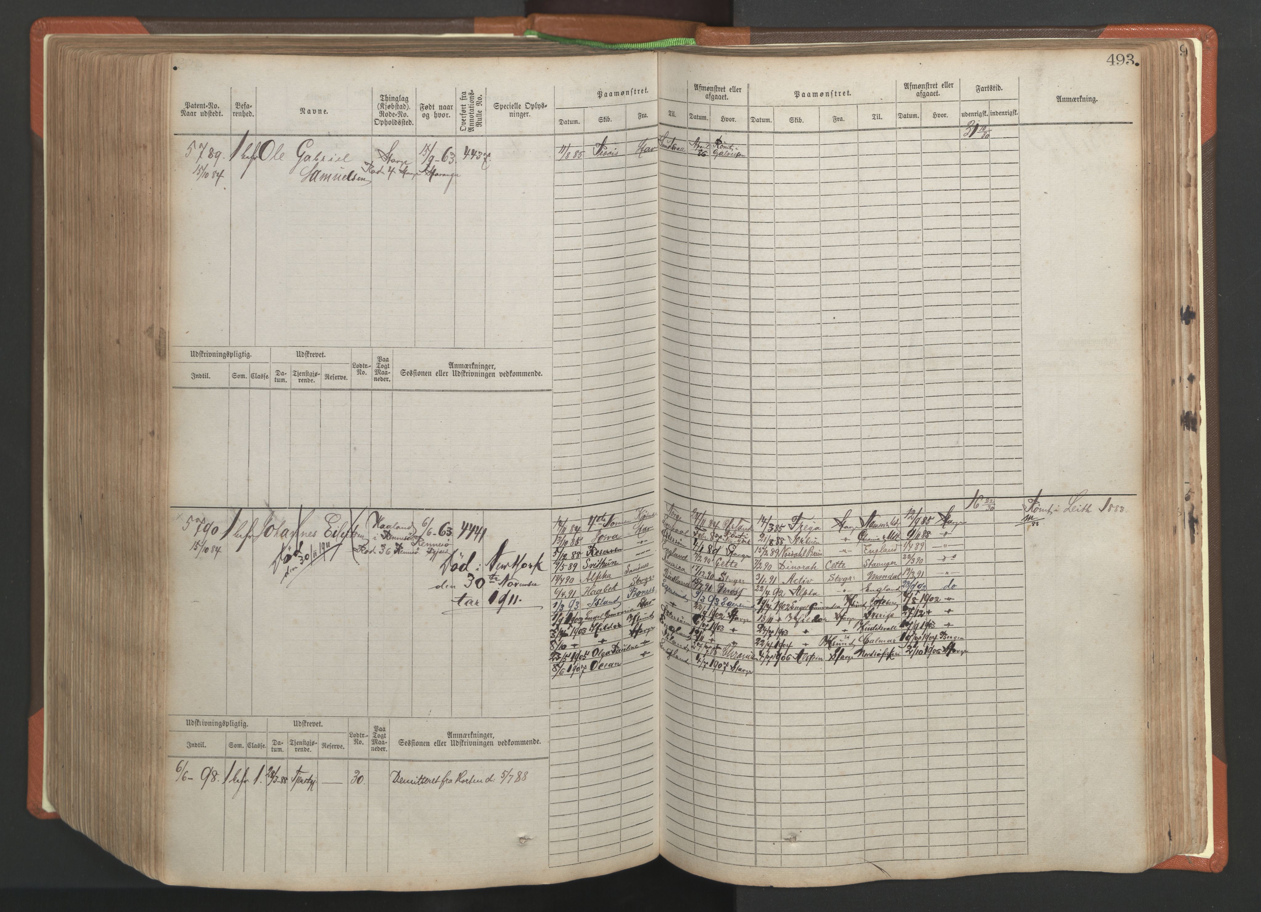 Stavanger sjømannskontor, AV/SAST-A-102006/F/Fb/Fbb/L0009: Sjøfartshovedrulle, patentnr. 4805-6006, 1879-1887, s. 499