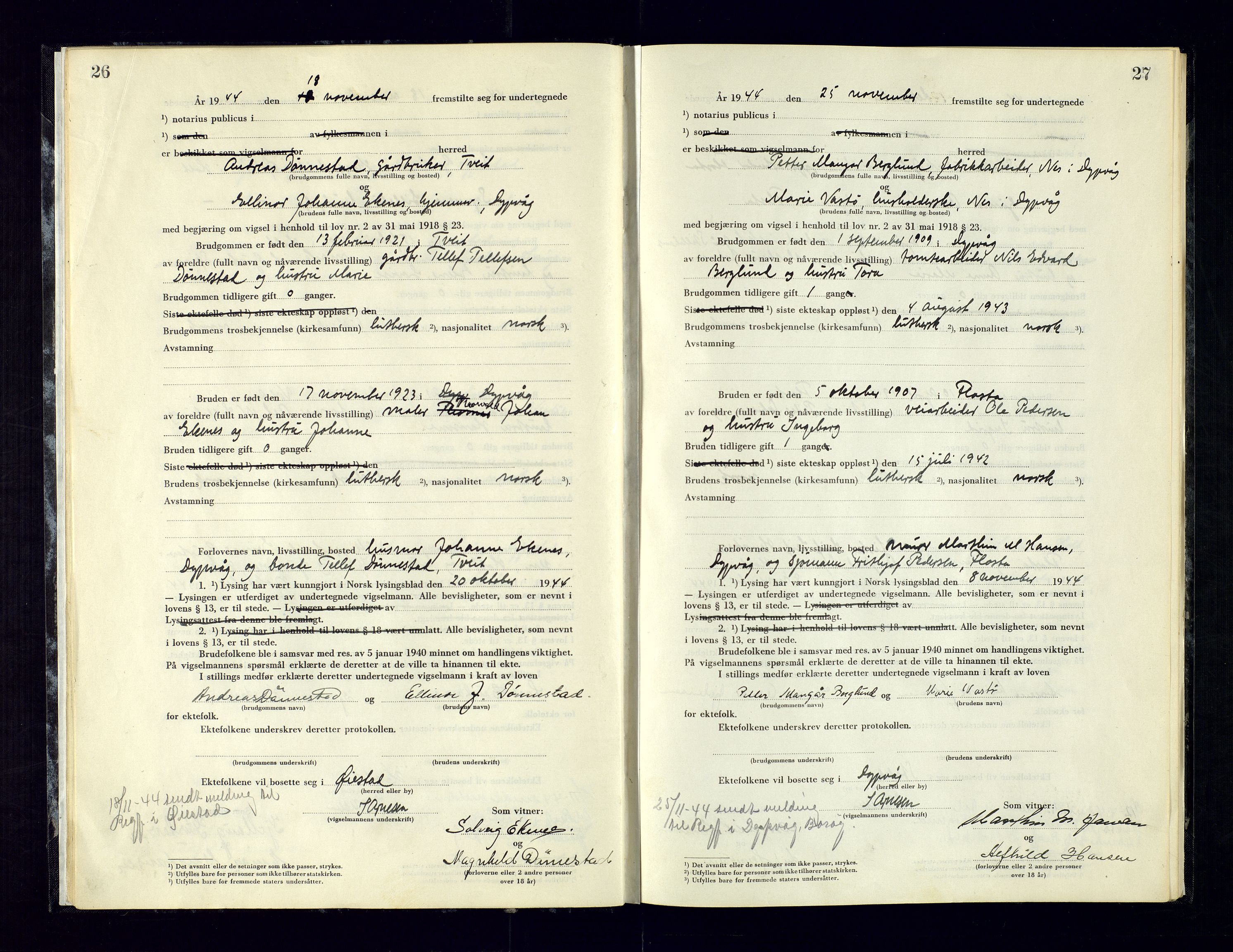 Holt sorenskriveri, AV/SAK-1221-0002/L/Ld/L0003: Vigselbok nr. 2, 1944-1964, s. 26-27