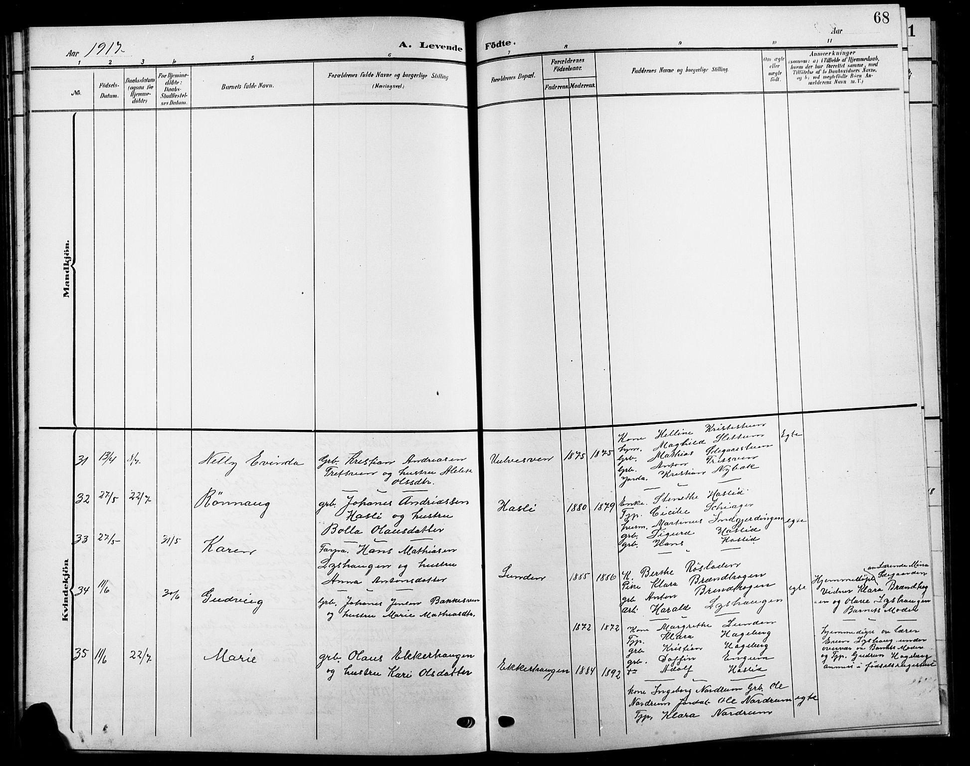 Biri prestekontor, AV/SAH-PREST-096/H/Ha/Hab/L0005: Klokkerbok nr. 5, 1906-1919, s. 68
