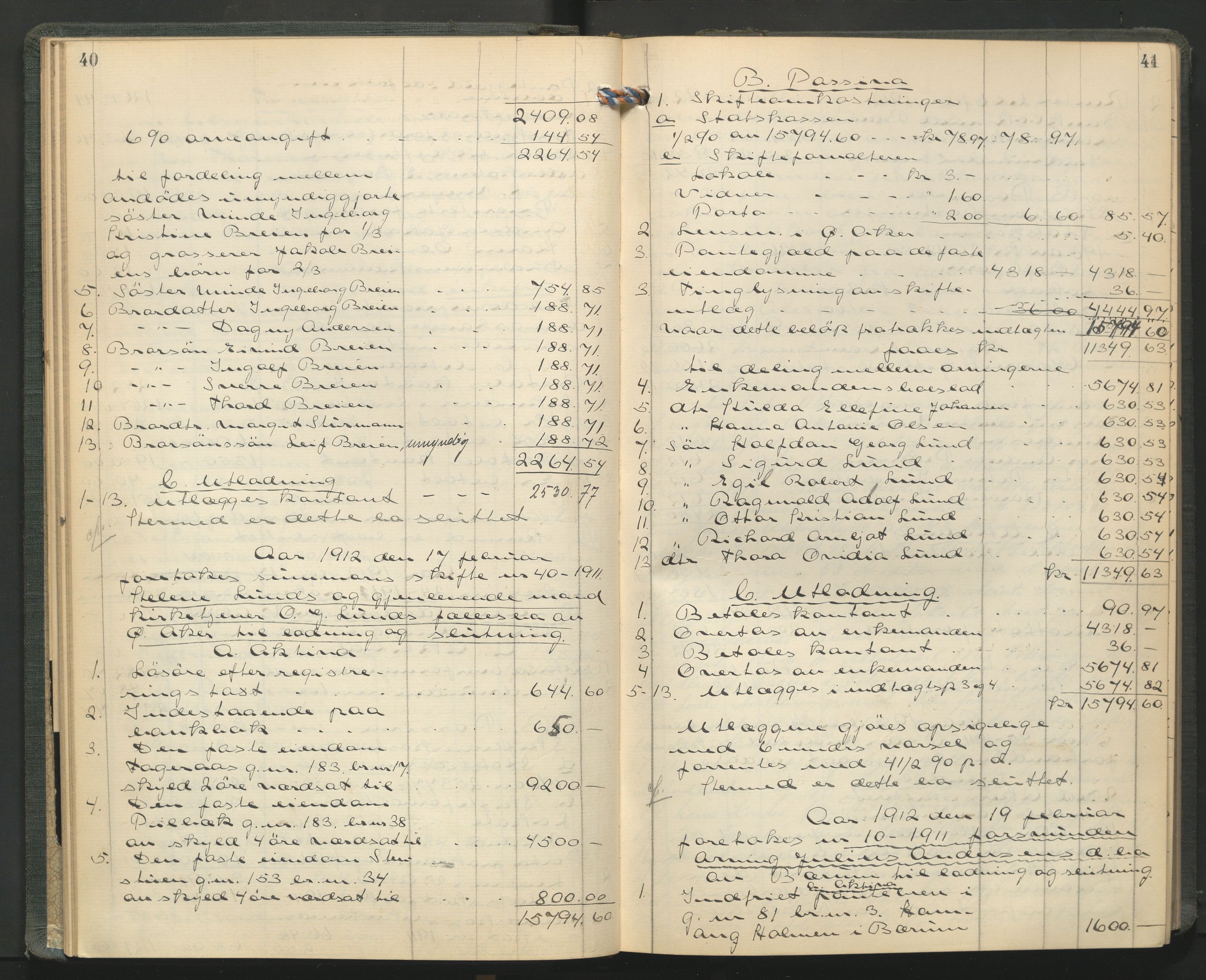 Aker kriminaldommer, skifte- og auksjonsforvalterembete, AV/SAO-A-10452/H/He/L0004: Utlodningsprotokoll, 1911-1915, s. 40-41