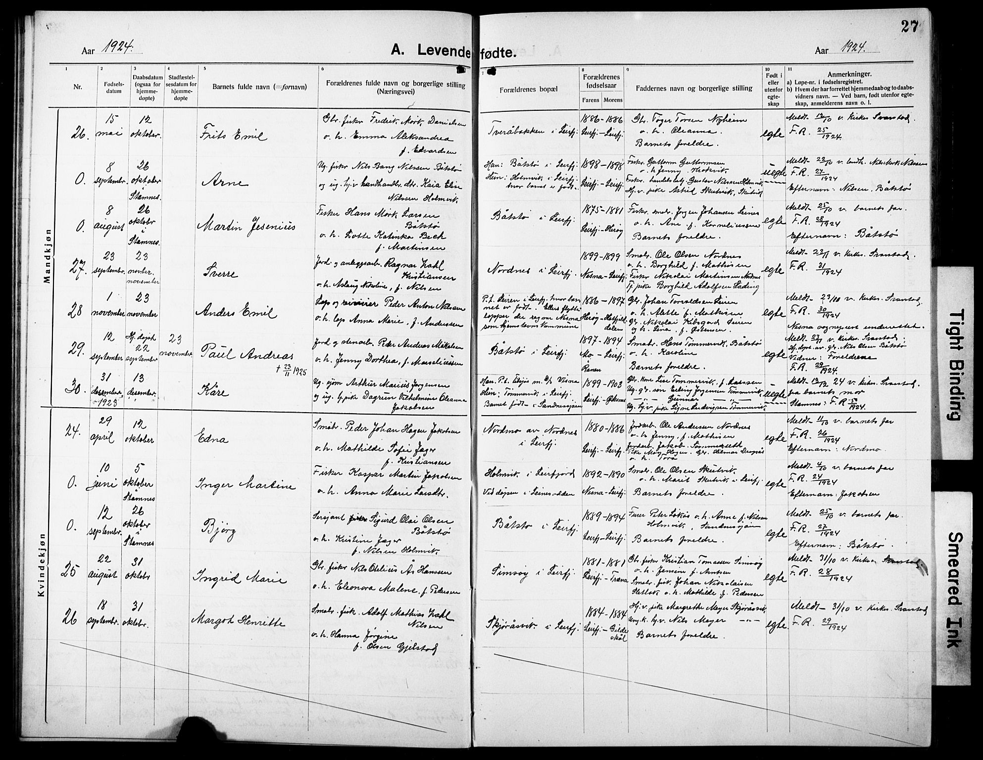 Ministerialprotokoller, klokkerbøker og fødselsregistre - Nordland, AV/SAT-A-1459/832/L0495: Klokkerbok nr. 832C02, 1920-1932, s. 27