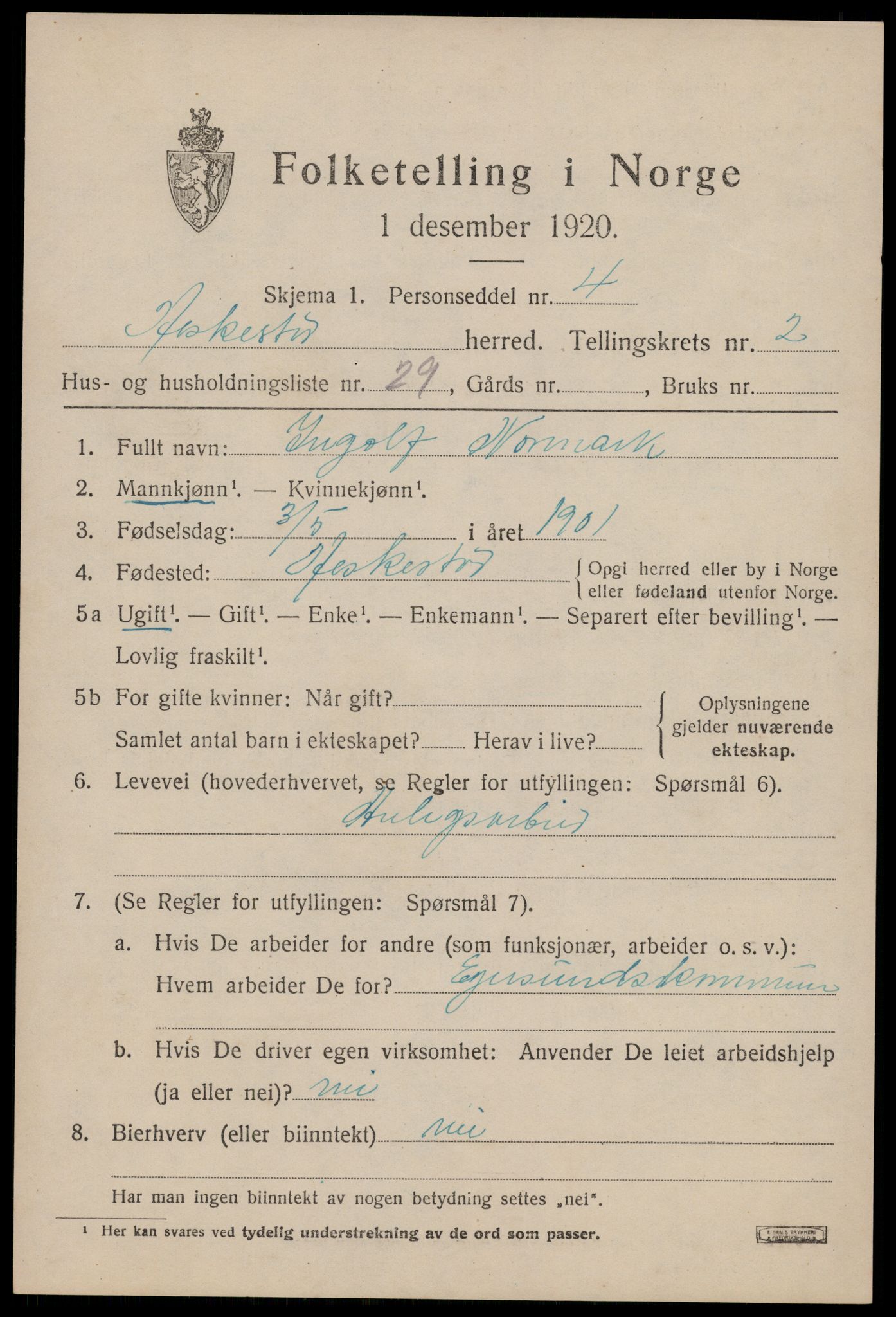 SAST, Folketelling 1920 for 1113 Heskestad herred, 1920, s. 933