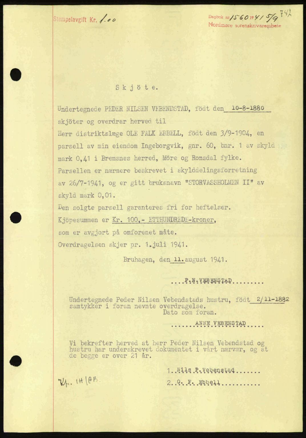 Nordmøre sorenskriveri, SAT/A-4132/1/2/2Ca: Pantebok nr. A90, 1941-1941, Dagboknr: 1560/1941
