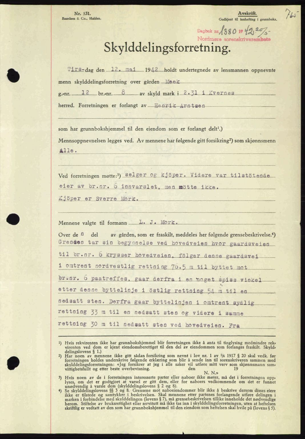 Nordmøre sorenskriveri, SAT/A-4132/1/2/2Ca: Pantebok nr. A92, 1942-1942, Dagboknr: 1380/1942