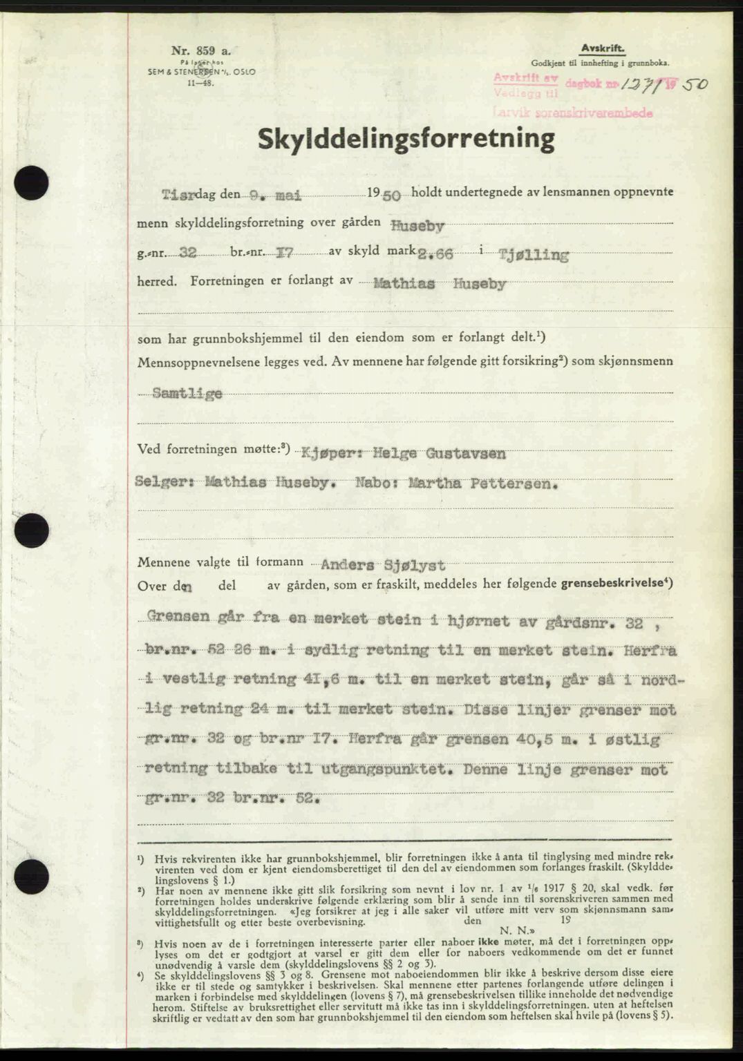 Larvik sorenskriveri, AV/SAKO-A-83/G/Ga/Gab/L0091: Pantebok nr. A-25, 1949-1950, Dagboknr: 1271/1950