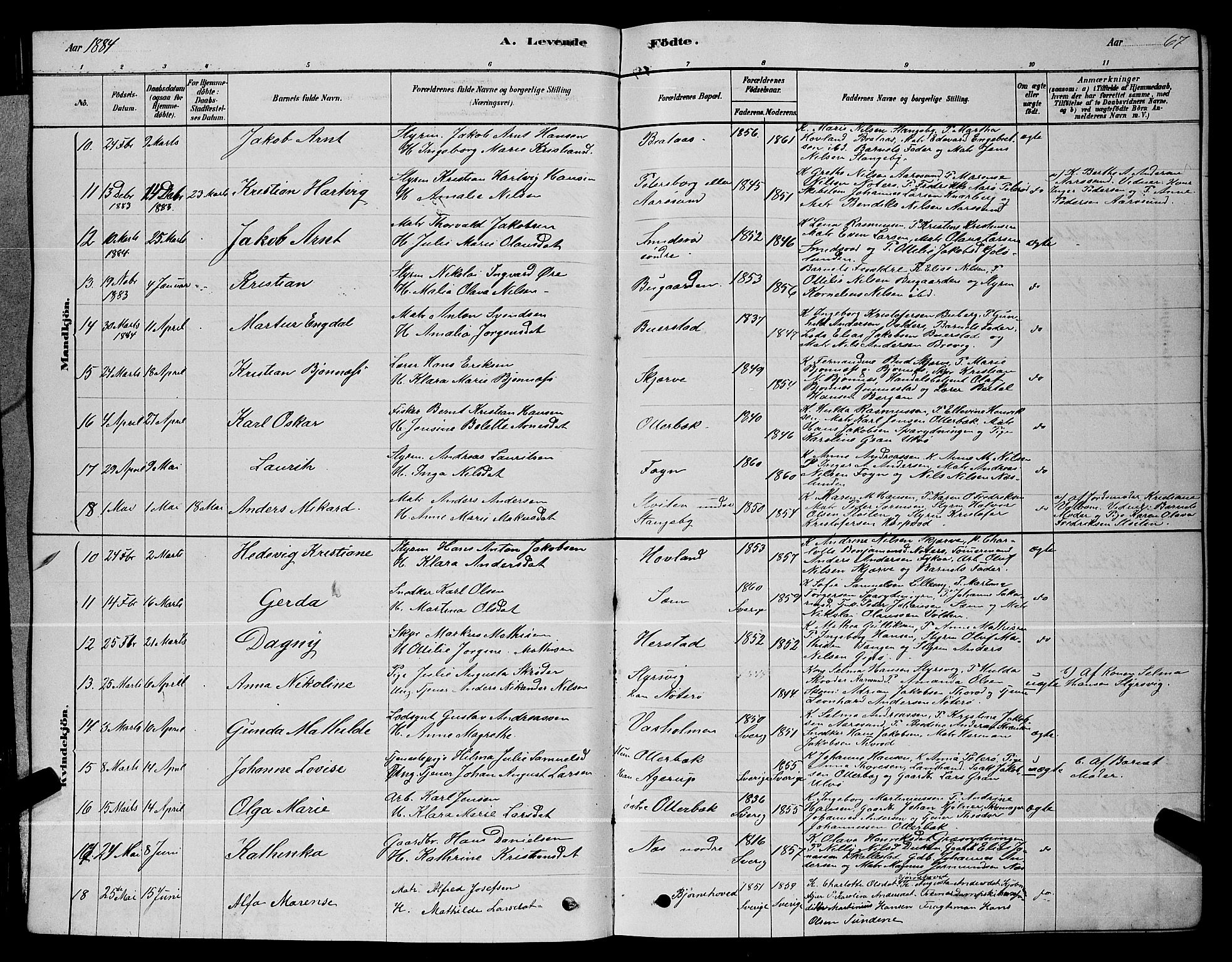 Nøtterøy kirkebøker, AV/SAKO-A-354/G/Ga/L0003: Klokkerbok nr. I 3, 1878-1893, s. 67