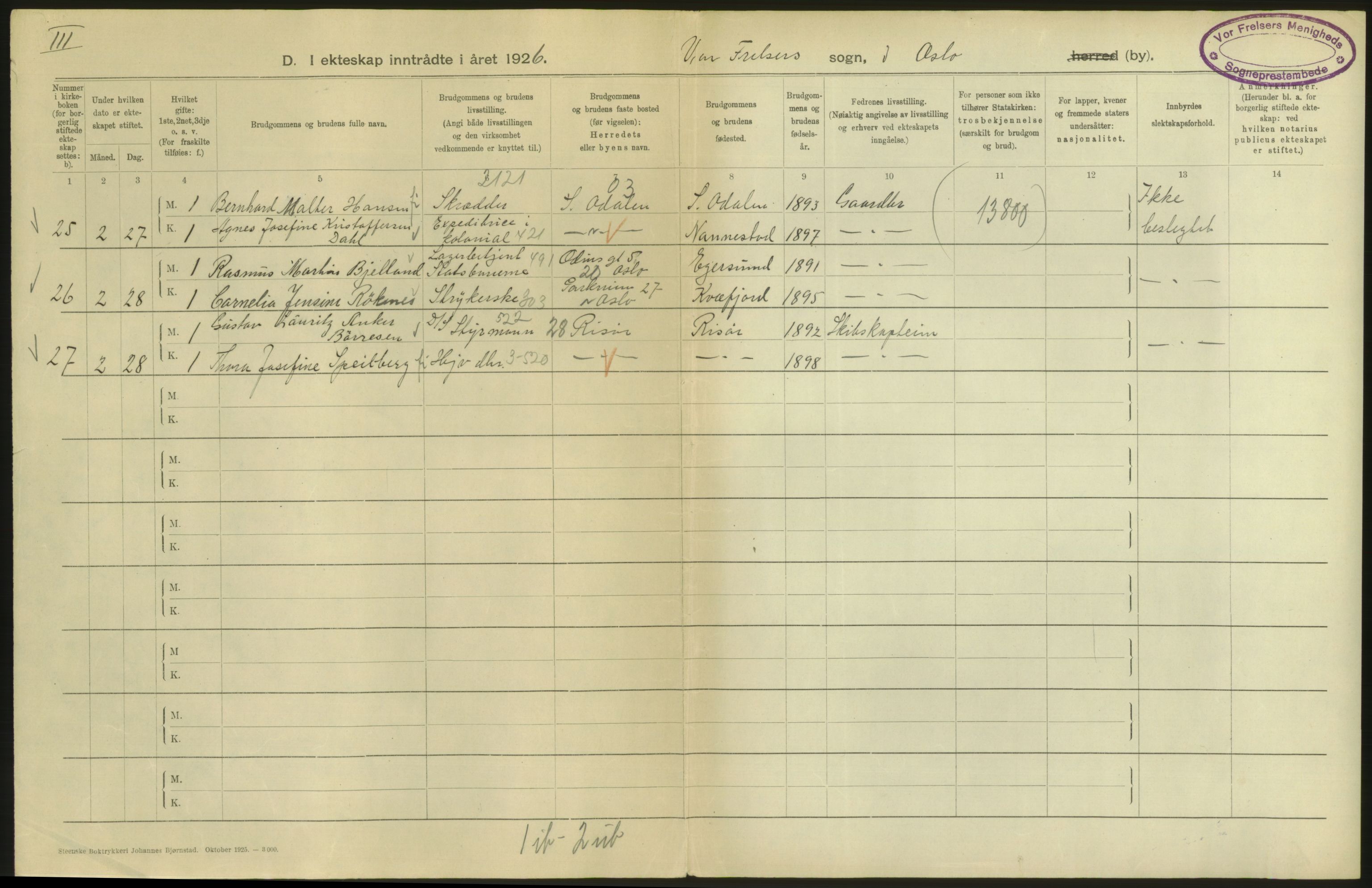 Statistisk sentralbyrå, Sosiodemografiske emner, Befolkning, AV/RA-S-2228/D/Df/Dfc/Dfcf/L0008: Oslo: Gifte, 1926, s. 64