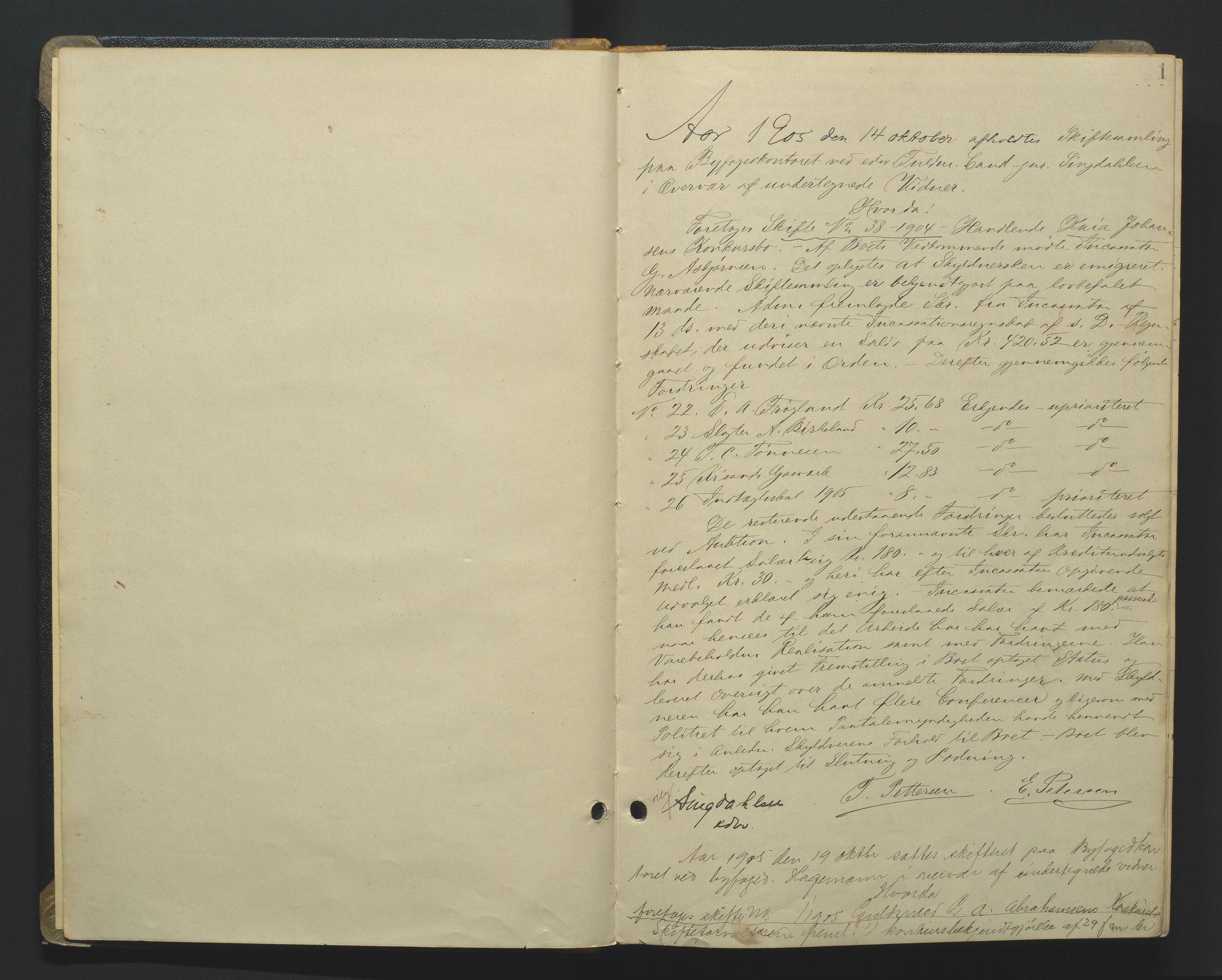 Kristiansand byrett, AV/SAK-1223-0001/H/Hc/L0048: Skifteforhandlingsprotokoll nr. 8, med register, 1905-1913, s. 1