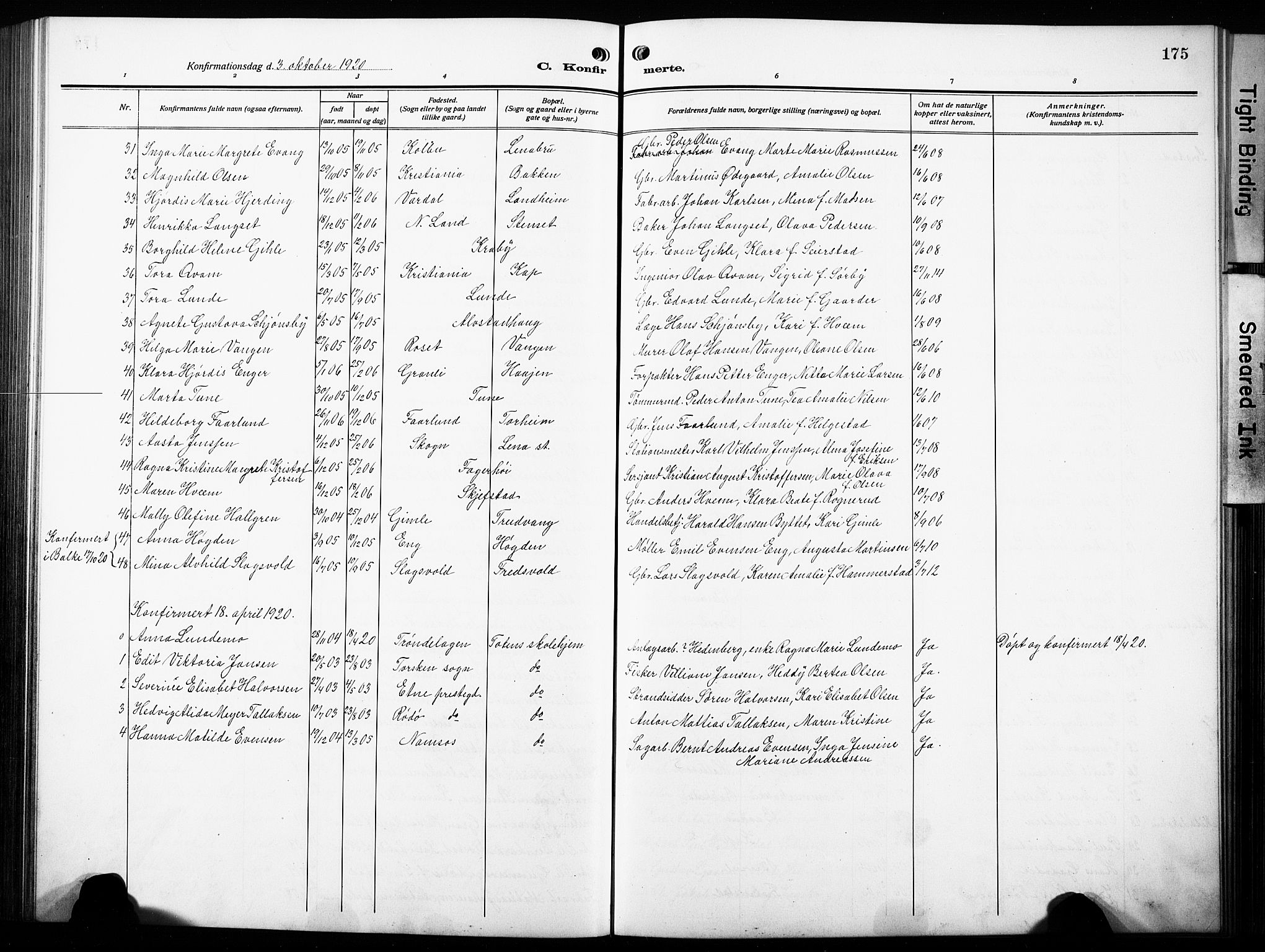 Østre Toten prestekontor, AV/SAH-PREST-104/H/Ha/Hab/L0010: Klokkerbok nr. 10, 1912-1933, s. 175