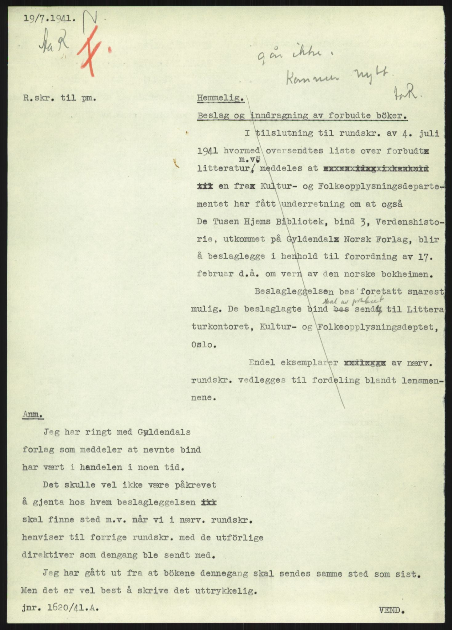 Statspolitiet - Hovedkontoret / Osloavdelingen, AV/RA-S-1329/F/L0091: Beslaglagt litteratur, 1941-1943, s. 1031