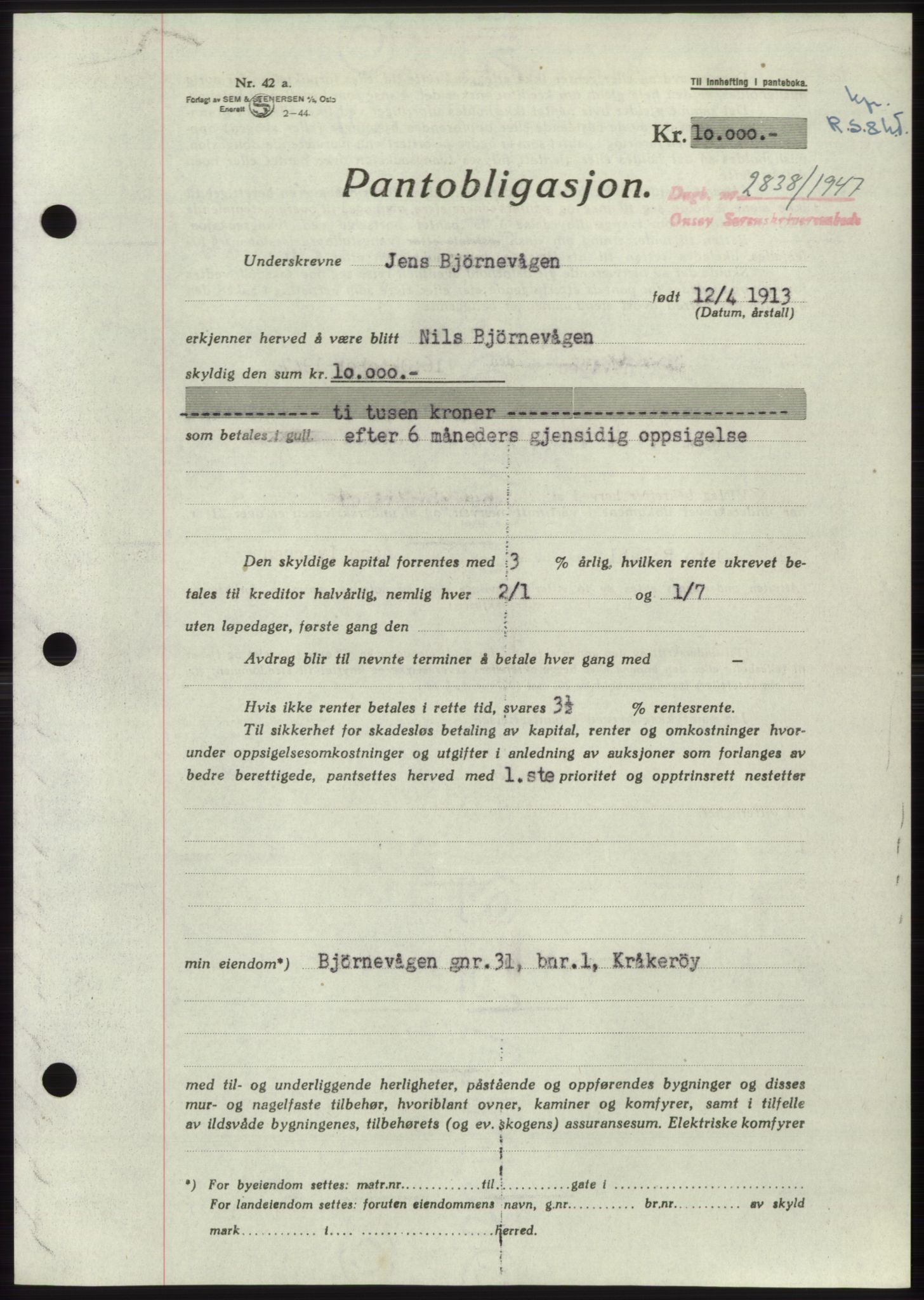 Onsøy sorenskriveri, SAO/A-10474/G/Ga/Gac/L0006: Pantebok nr. B 12-6, 1947-1948, Dagboknr: 2838/1947