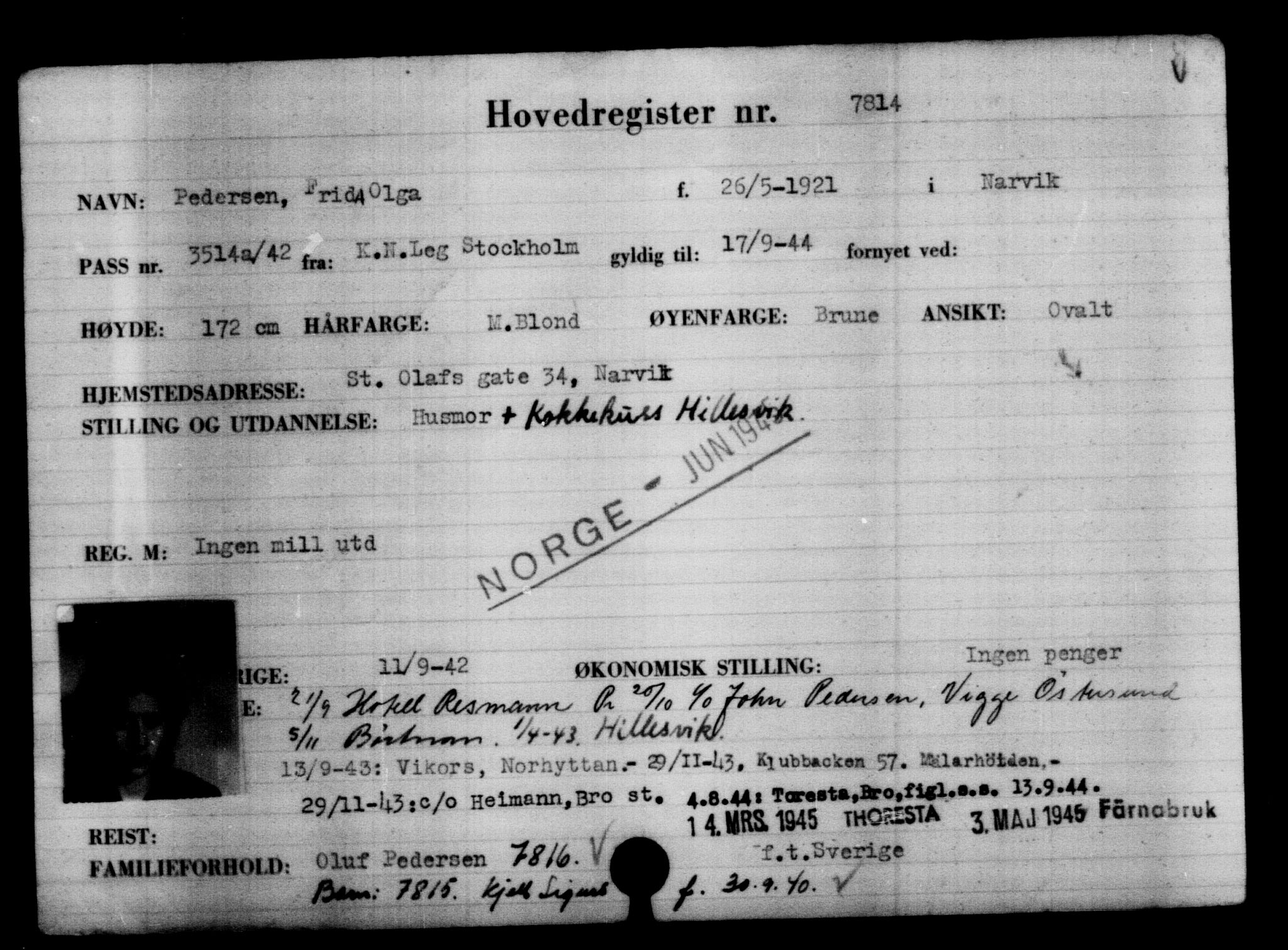 Utenriksstasjonene, Legasjonen i Stockholm, Flyktningkontoret, AV/RA-S-6753/V/Va/L0005: Kjesäterkartoteket, flyktninger med registreringsnr. 6600-9417, 1940-1945, s. 1424