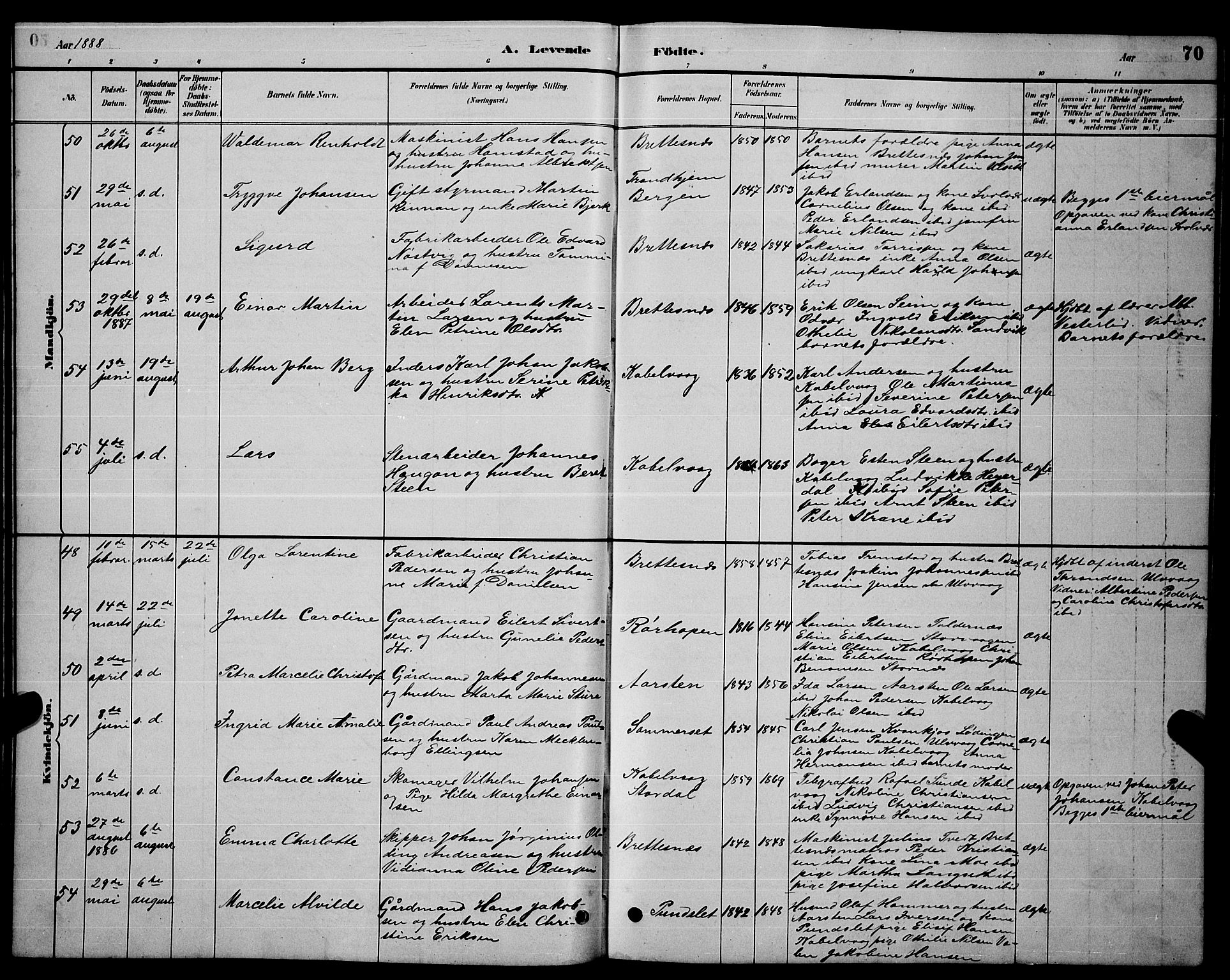 Ministerialprotokoller, klokkerbøker og fødselsregistre - Nordland, AV/SAT-A-1459/874/L1076: Klokkerbok nr. 874C05, 1884-1890, s. 70