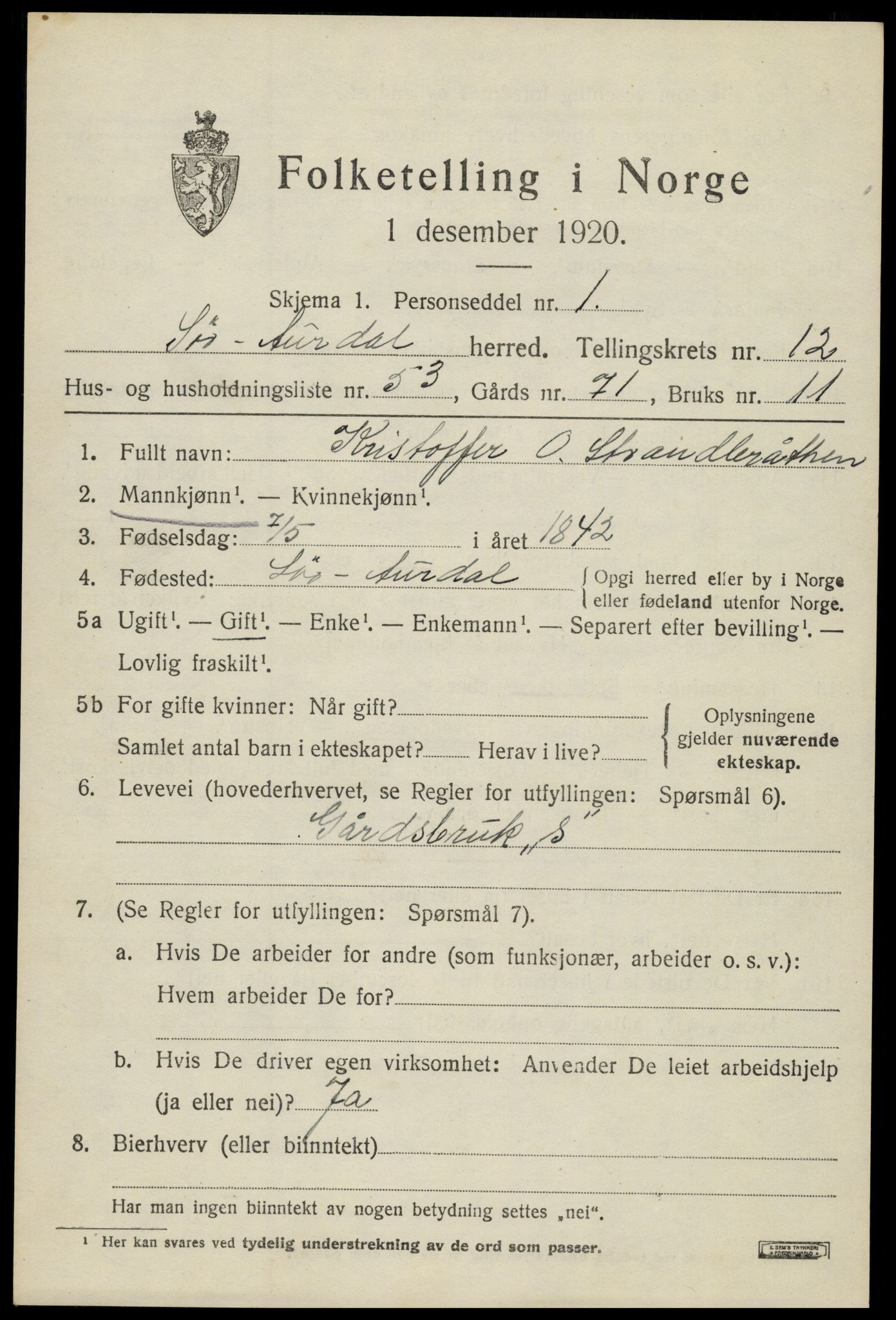 SAH, Folketelling 1920 for 0540 Sør-Aurdal herred, 1920, s. 7463