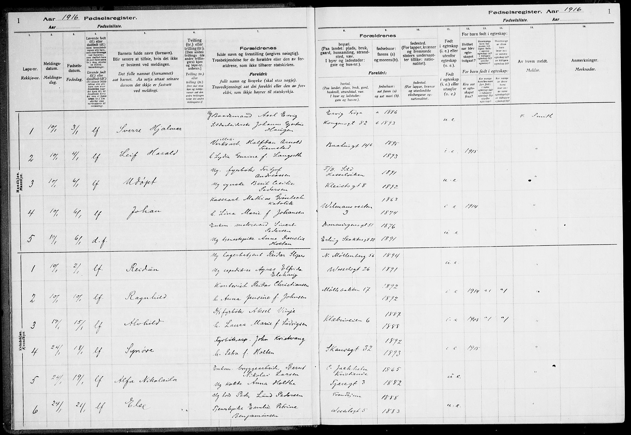 Ministerialprotokoller, klokkerbøker og fødselsregistre - Sør-Trøndelag, SAT/A-1456/600/L0002: Fødselsregister nr. 600.II.4.1, 1916-1920, s. 1