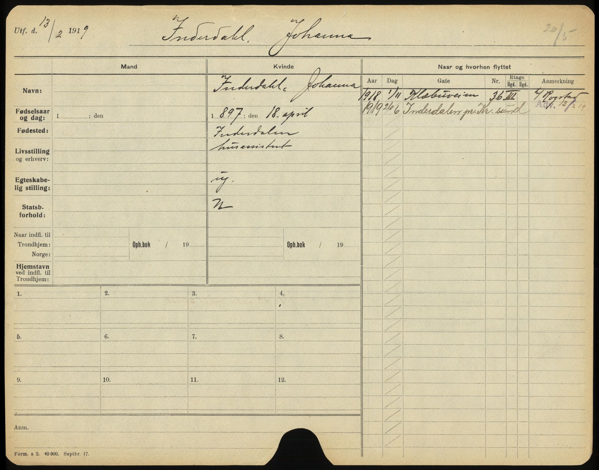 Trondheim folkeregister, AV/SAT-A-1608/1/F/Fb/L0006: Utflyttede I - O
, 1919