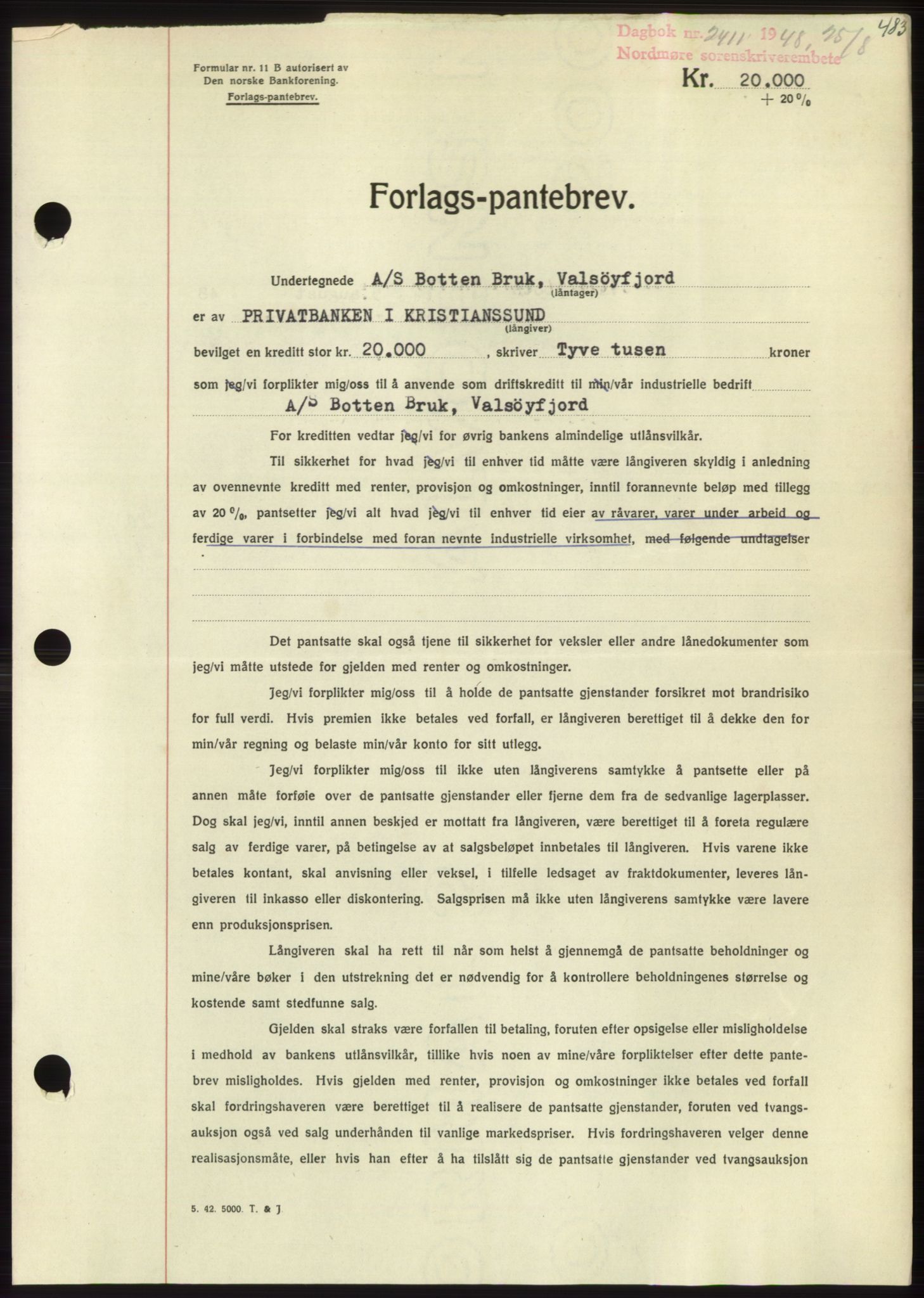 Nordmøre sorenskriveri, SAT/A-4132/1/2/2Ca: Pantebok nr. B99, 1948-1948, Dagboknr: 2411/1948