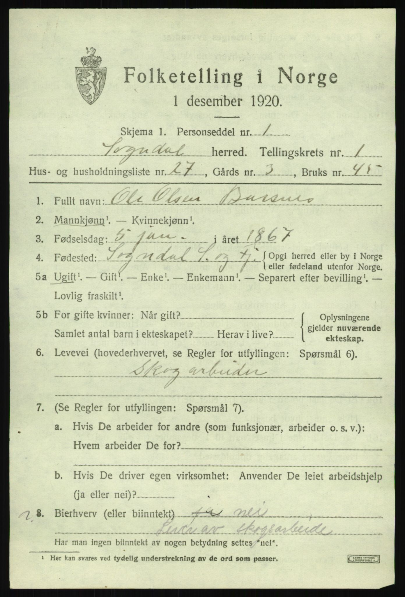 SAB, Folketelling 1920 for 1420 Sogndal herred, 1920, s. 1645