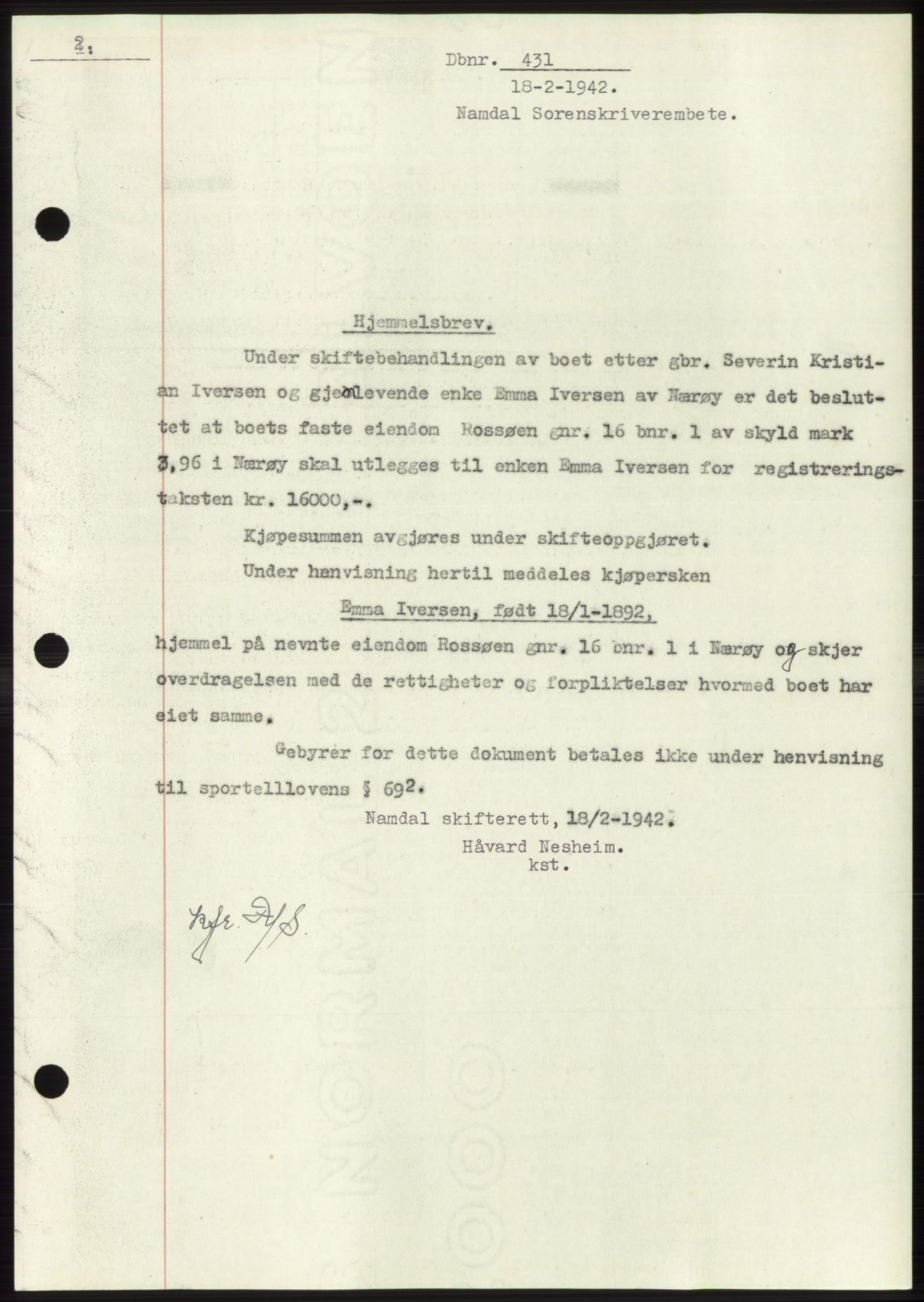 Namdal sorenskriveri, SAT/A-4133/1/2/2C: Pantebok nr. -, 1941-1942, Dagboknr: 431/1942