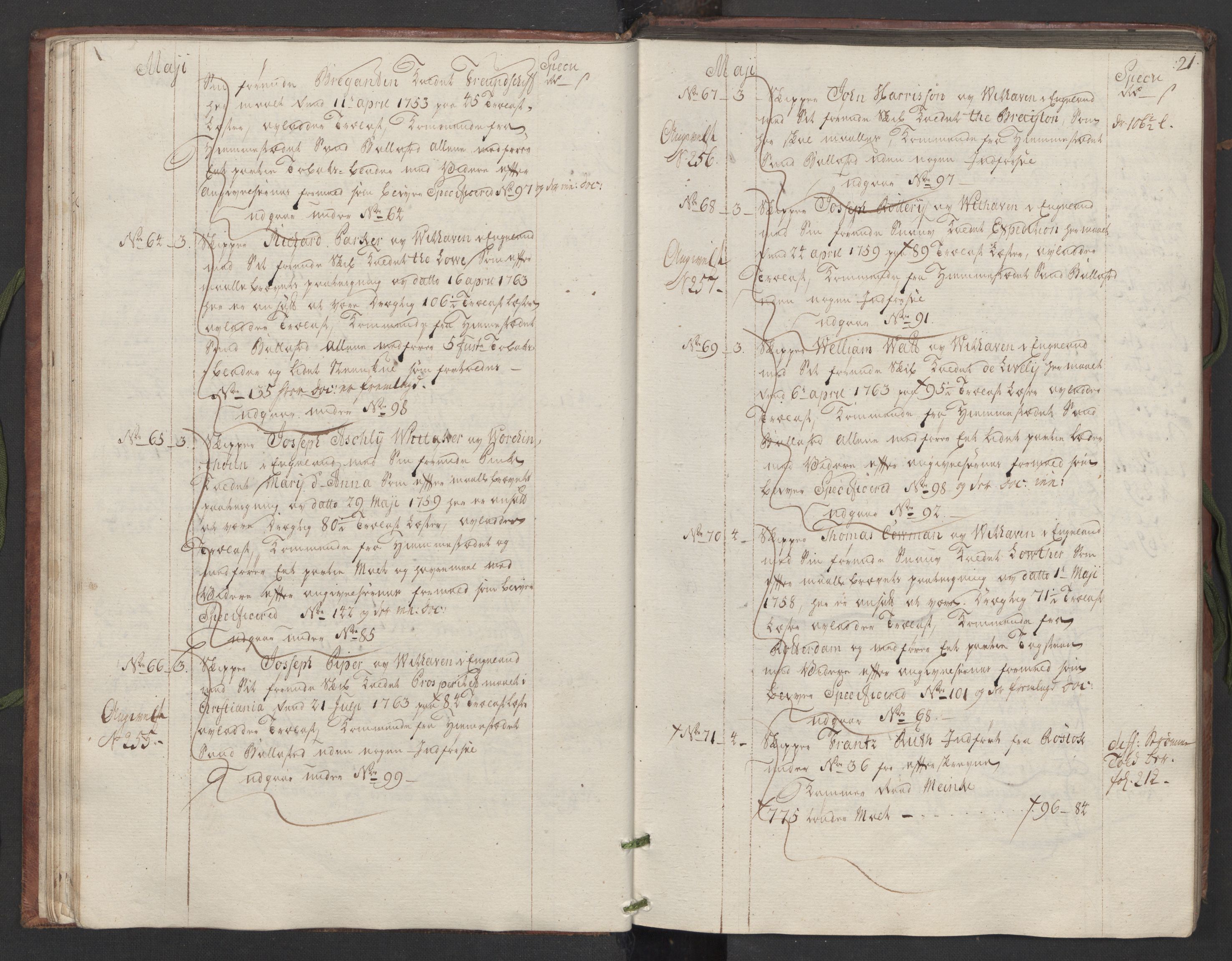 Generaltollkammeret, tollregnskaper, AV/RA-EA-5490/R33/L0082/0001: Tollregnskaper Trondheim A / Inngående hovedtollbok, 1764, s. 20b-21a
