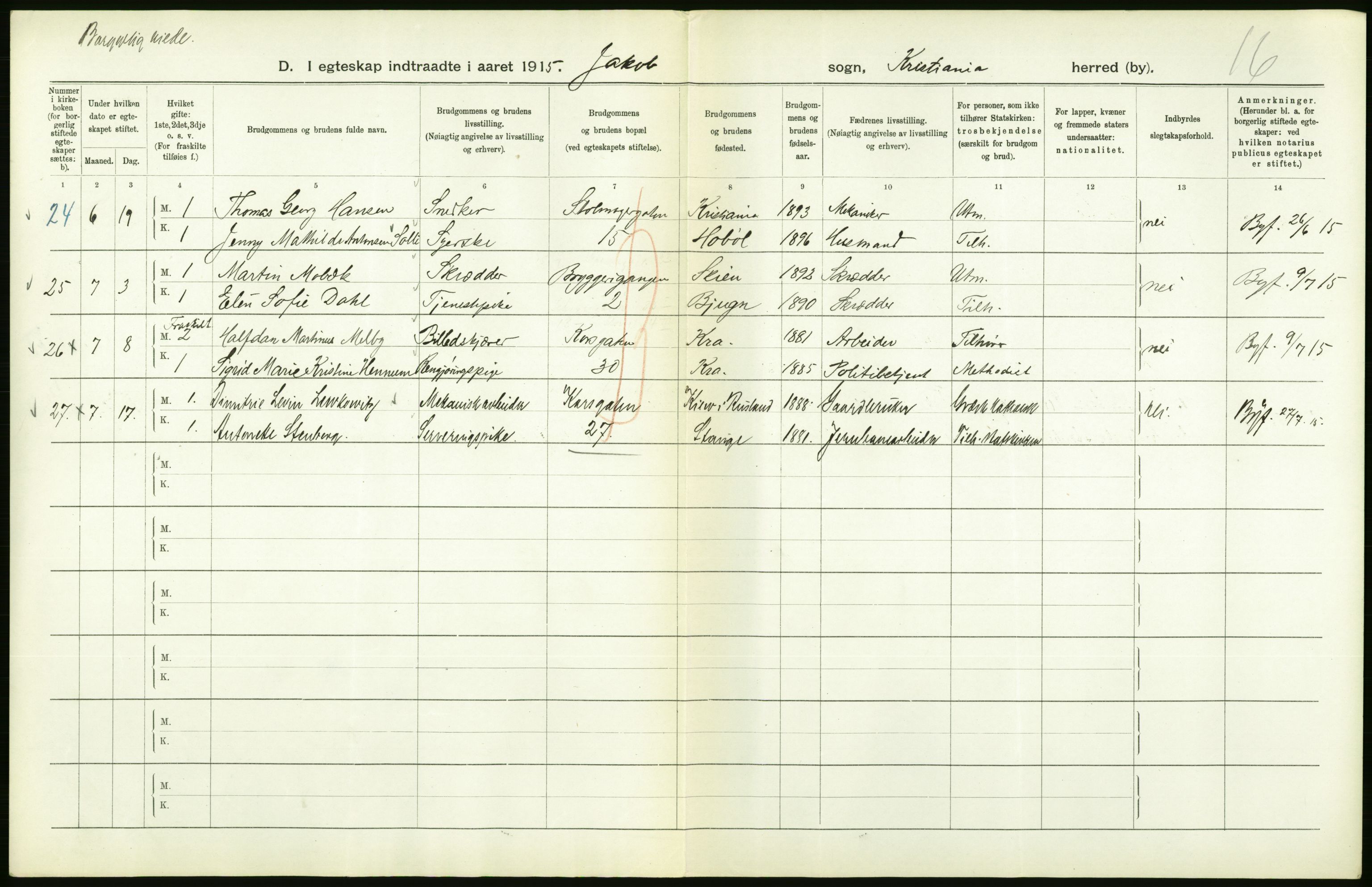 Statistisk sentralbyrå, Sosiodemografiske emner, Befolkning, AV/RA-S-2228/D/Df/Dfb/Dfbe/L0008: Kristiania: Gifte., 1915, s. 568