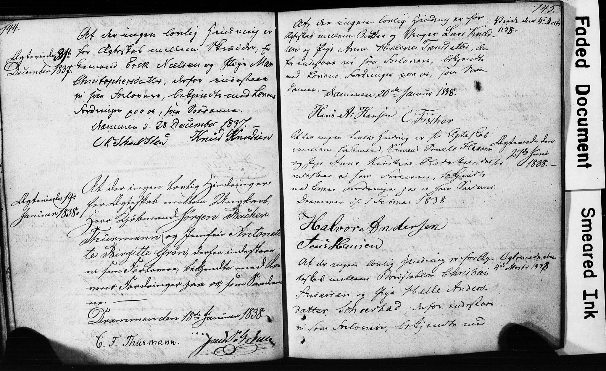 Strømsø kirkebøker, SAKO/A-246/H/Hb/L0002: Forlovererklæringer nr. 2, 1815-1857, s. 144-145