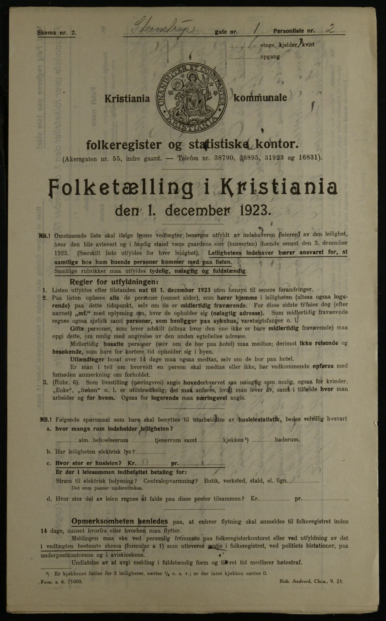 OBA, Kommunal folketelling 1.12.1923 for Kristiania, 1923, s. 111416