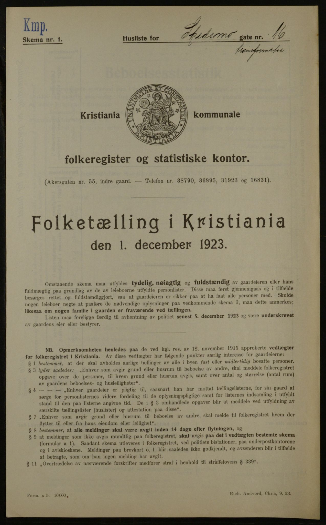 OBA, Kommunal folketelling 1.12.1923 for Kristiania, 1923, s. 105728