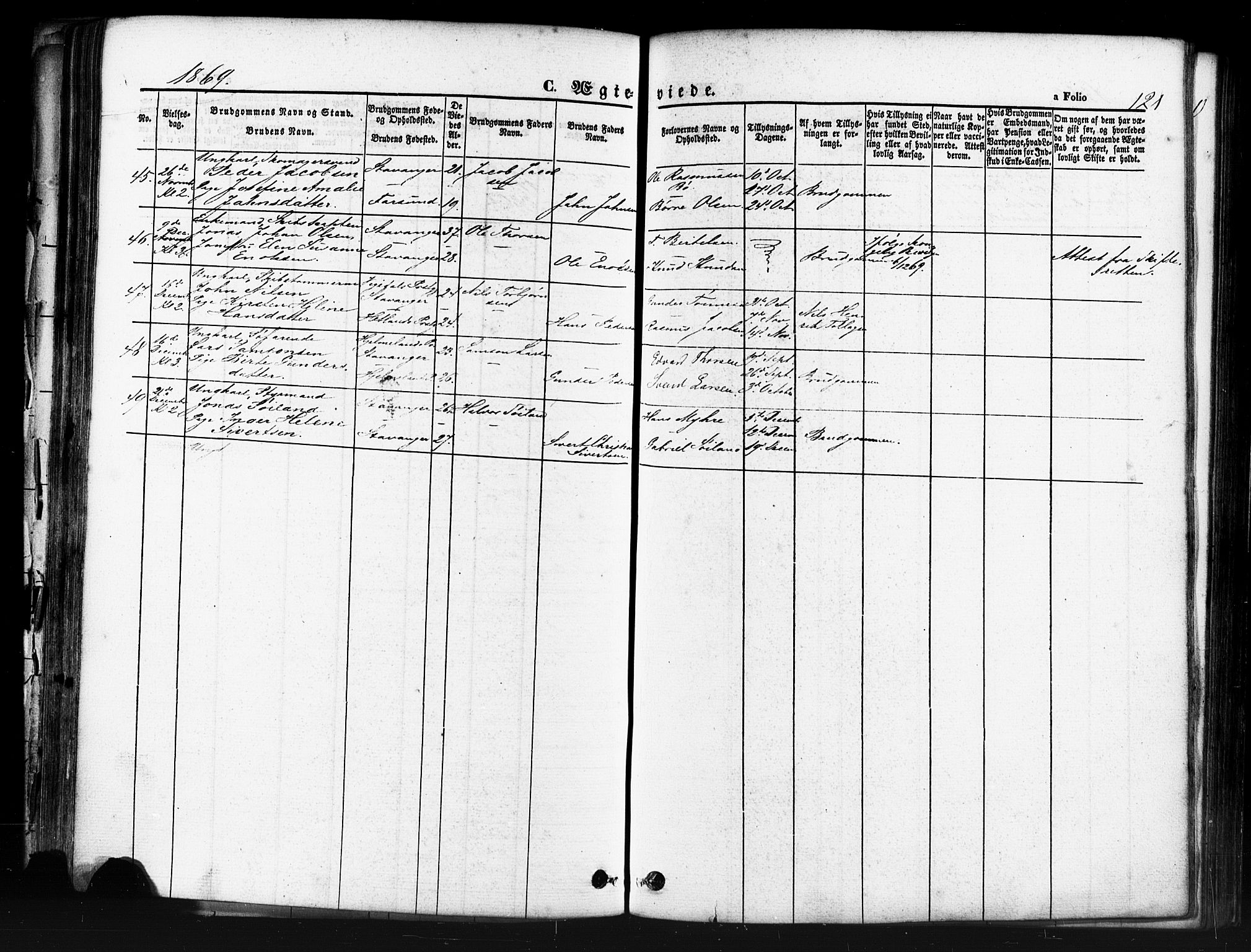 Domkirken sokneprestkontor, SAST/A-101812/001/30/30BB/L0011: Klokkerbok nr. B 11, 1858-1876, s. 121
