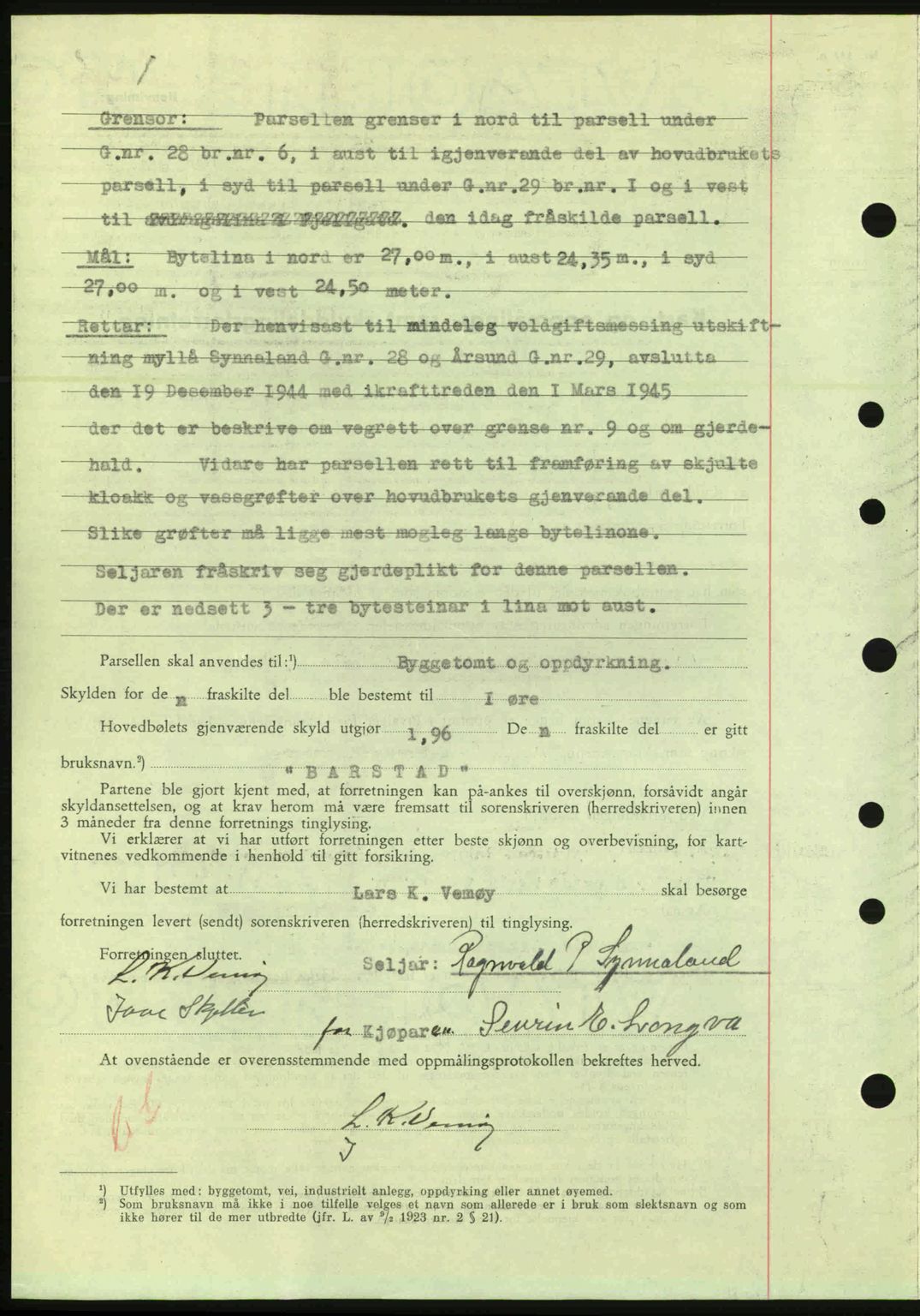 Nordre Sunnmøre sorenskriveri, AV/SAT-A-0006/1/2/2C/2Ca: Pantebok nr. A20a, 1945-1945, Dagboknr: 821/1945