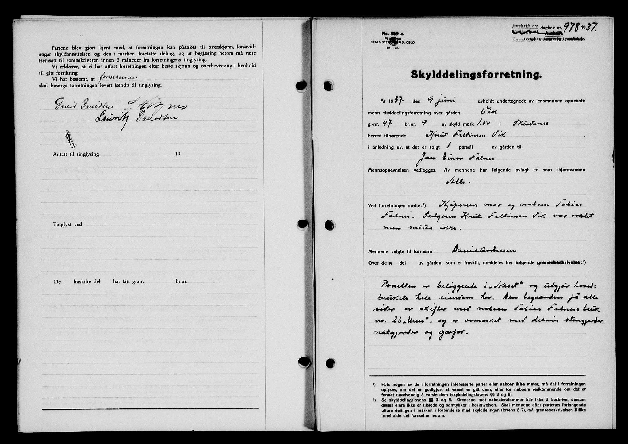 Karmsund sorenskriveri, SAST/A-100311/01/II/IIB/L0068: Pantebok nr. 49A, 1937-1937, Dagboknr: 978/1937