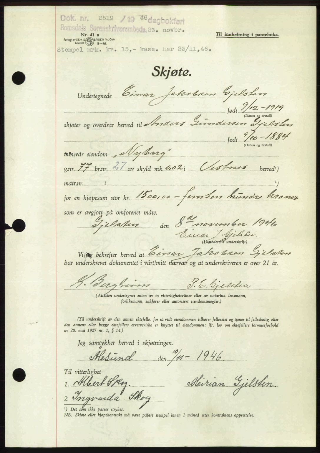 Romsdal sorenskriveri, AV/SAT-A-4149/1/2/2C: Pantebok nr. A21, 1946-1946, Dagboknr: 2519/1946