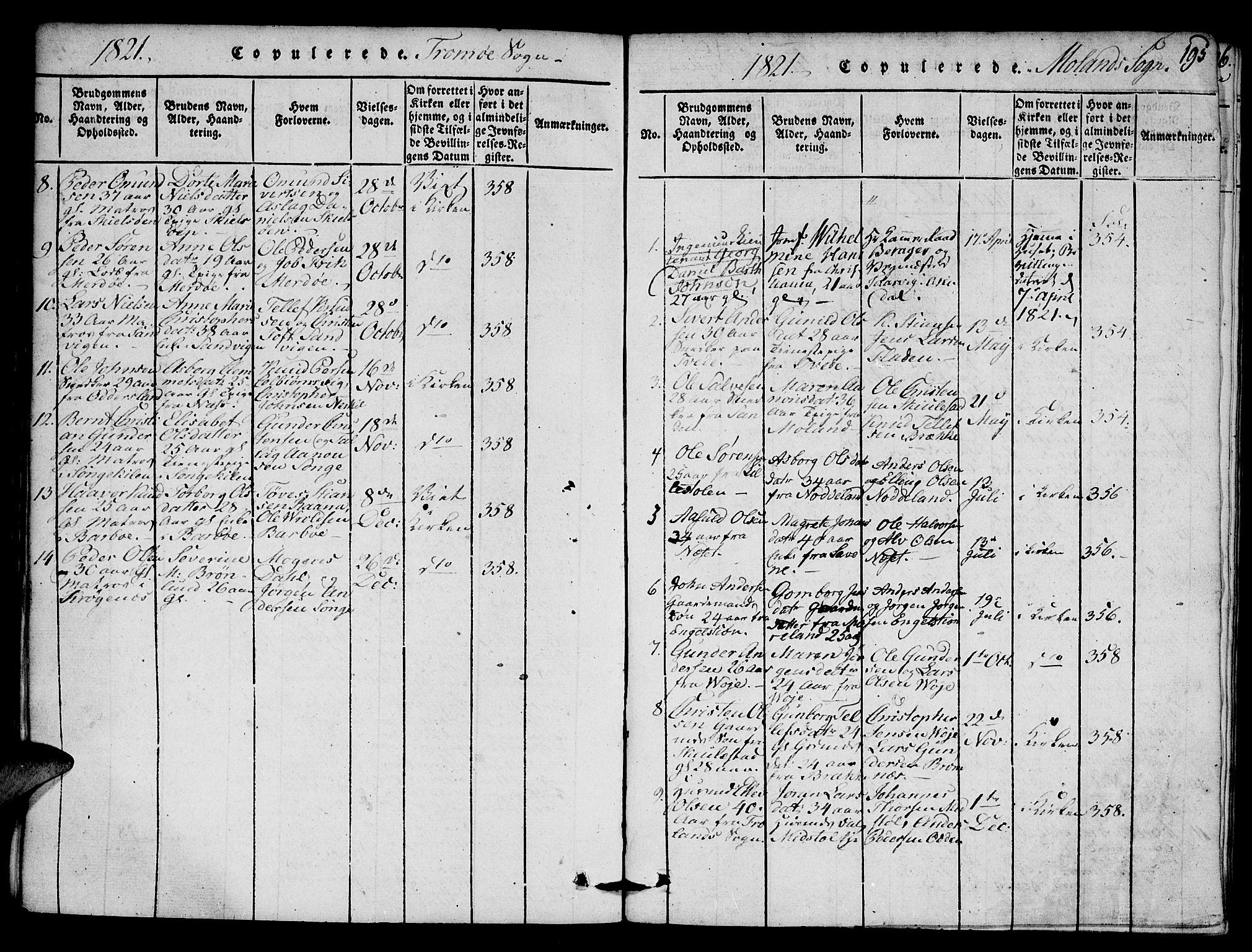 Austre Moland sokneprestkontor, SAK/1111-0001/F/Fa/Faa/L0004: Ministerialbok nr. A 4, 1816-1824, s. 195