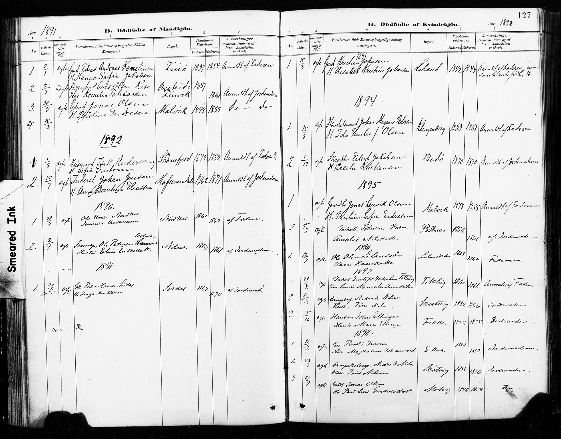 Ministerialprotokoller, klokkerbøker og fødselsregistre - Nordland, SAT/A-1459/859/L0847: Ministerialbok nr. 859A07, 1890-1899, s. 127