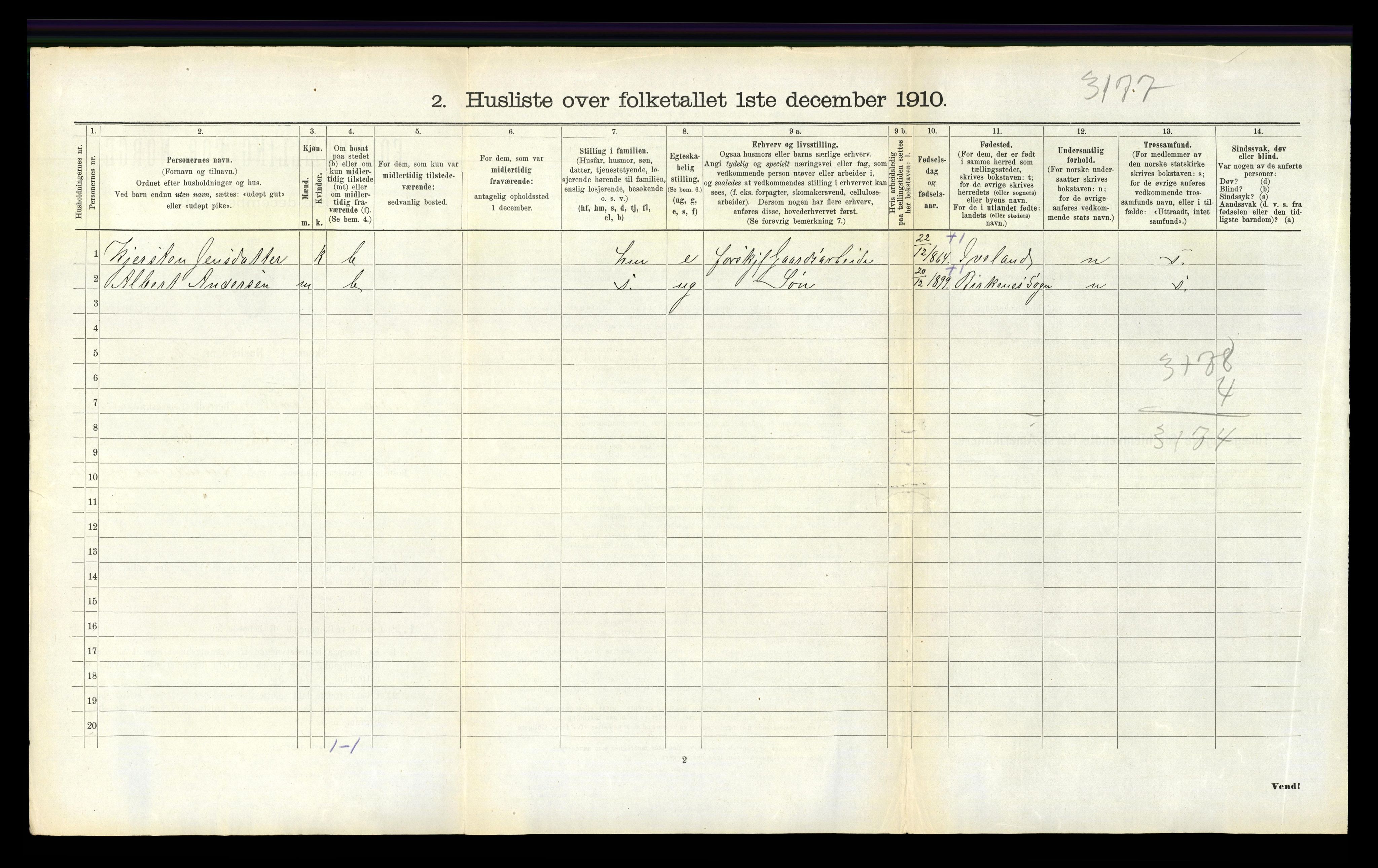 RA, Folketelling 1910 for 0926 Vestre Moland herred, 1910, s. 181