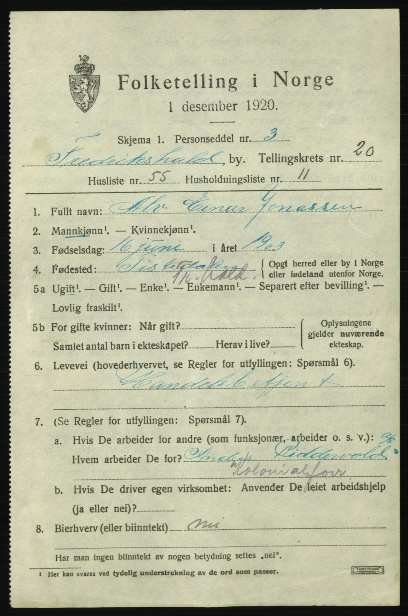 SAO, Folketelling 1920 for 0101 Fredrikshald kjøpstad, 1920, s. 30704