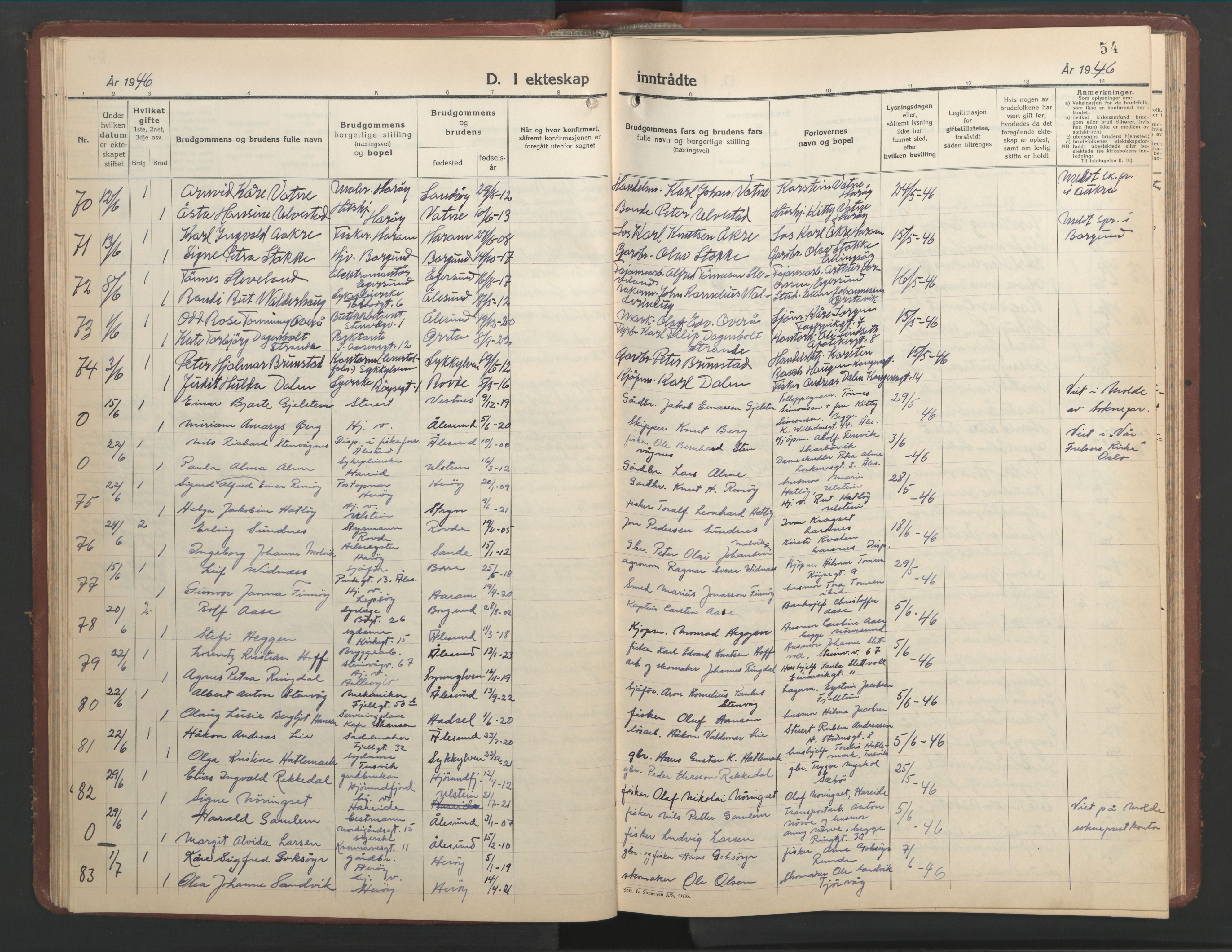 Ministerialprotokoller, klokkerbøker og fødselsregistre - Møre og Romsdal, AV/SAT-A-1454/529/L0479: Klokkerbok nr. 529C16, 1941-1950, s. 54