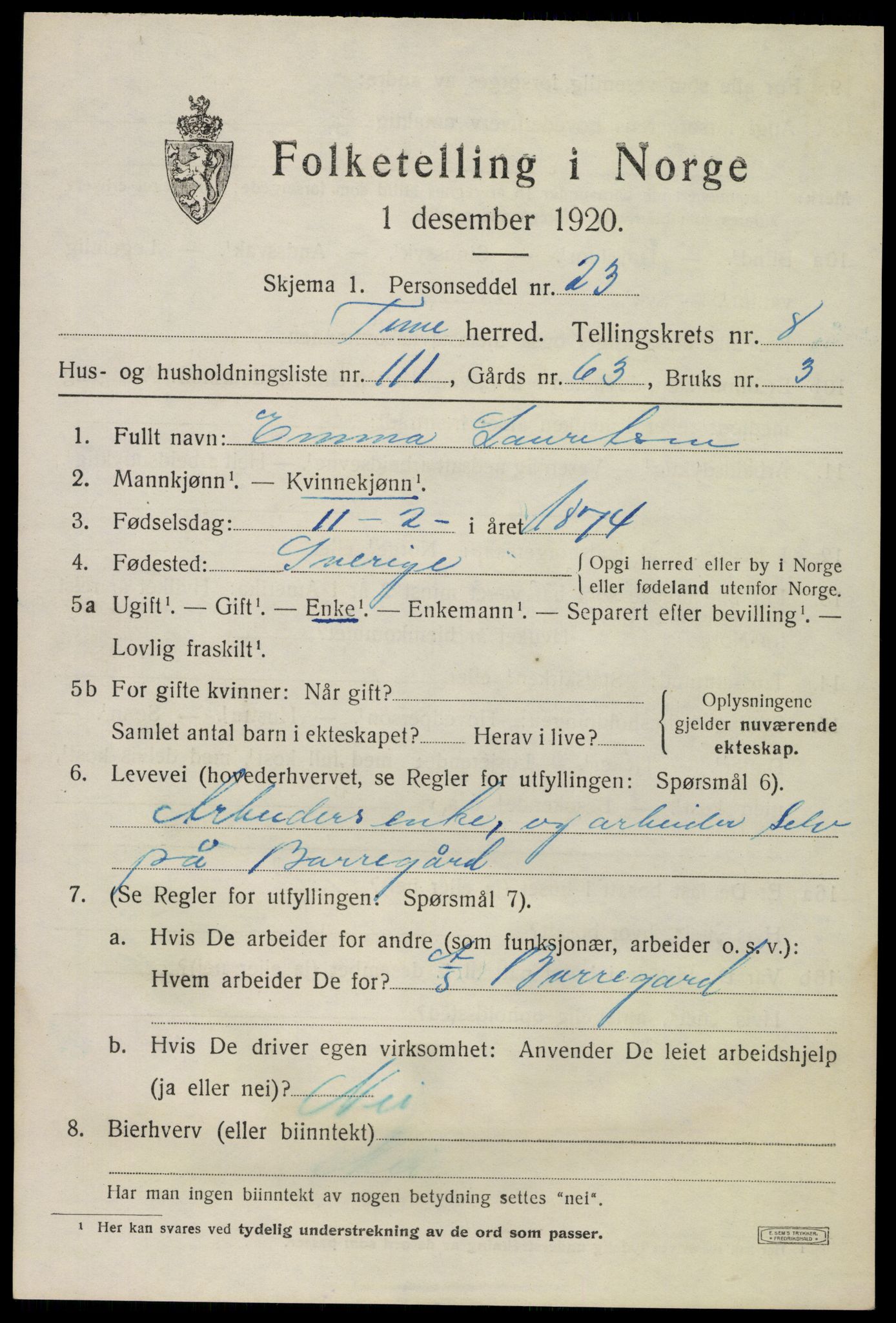 SAO, Folketelling 1920 for 0130 Tune herred, 1920, s. 8564